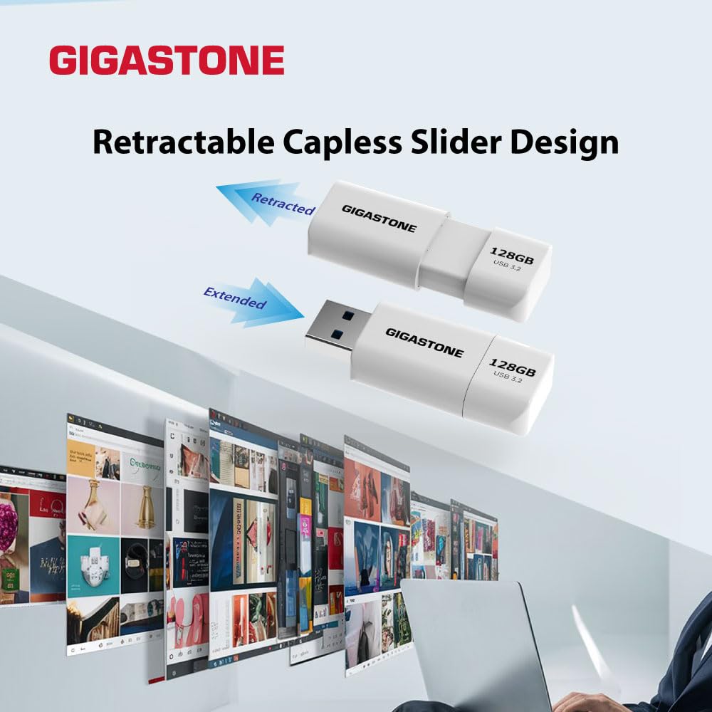 GIGASTONE 128GB Flash Drive, Z60 USB 3.2 Gen 1, 120MB/s Ultra Fast, Retractable Capless Slider Design, Data Storage, Backup for PC/Mac/TV/Car Audio