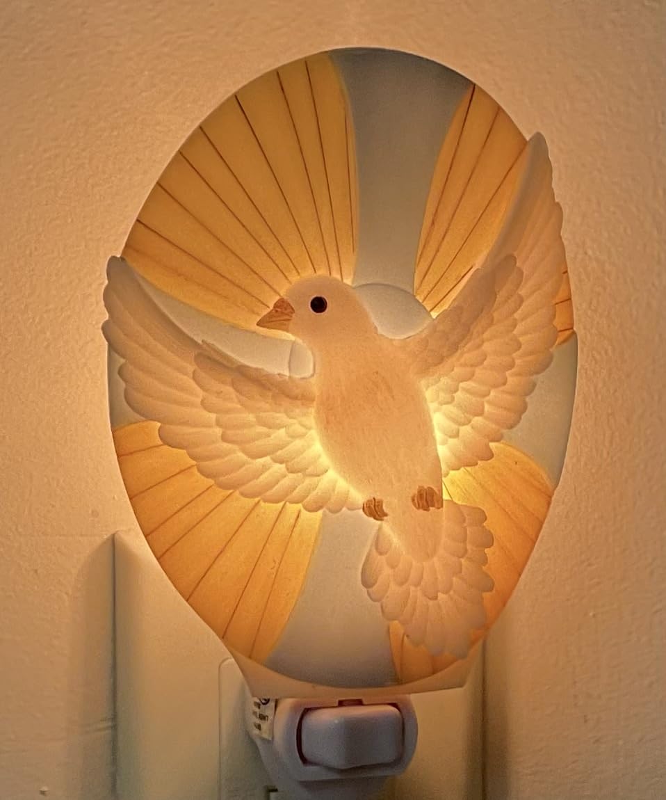 Holy Spirit Dove Night Light, Hand-Painted Bonded Marble, Plug-in Wall Lamp with UL Base, Religious Christian Decor, White, 4.5 x 3.5 x 6 Inches from