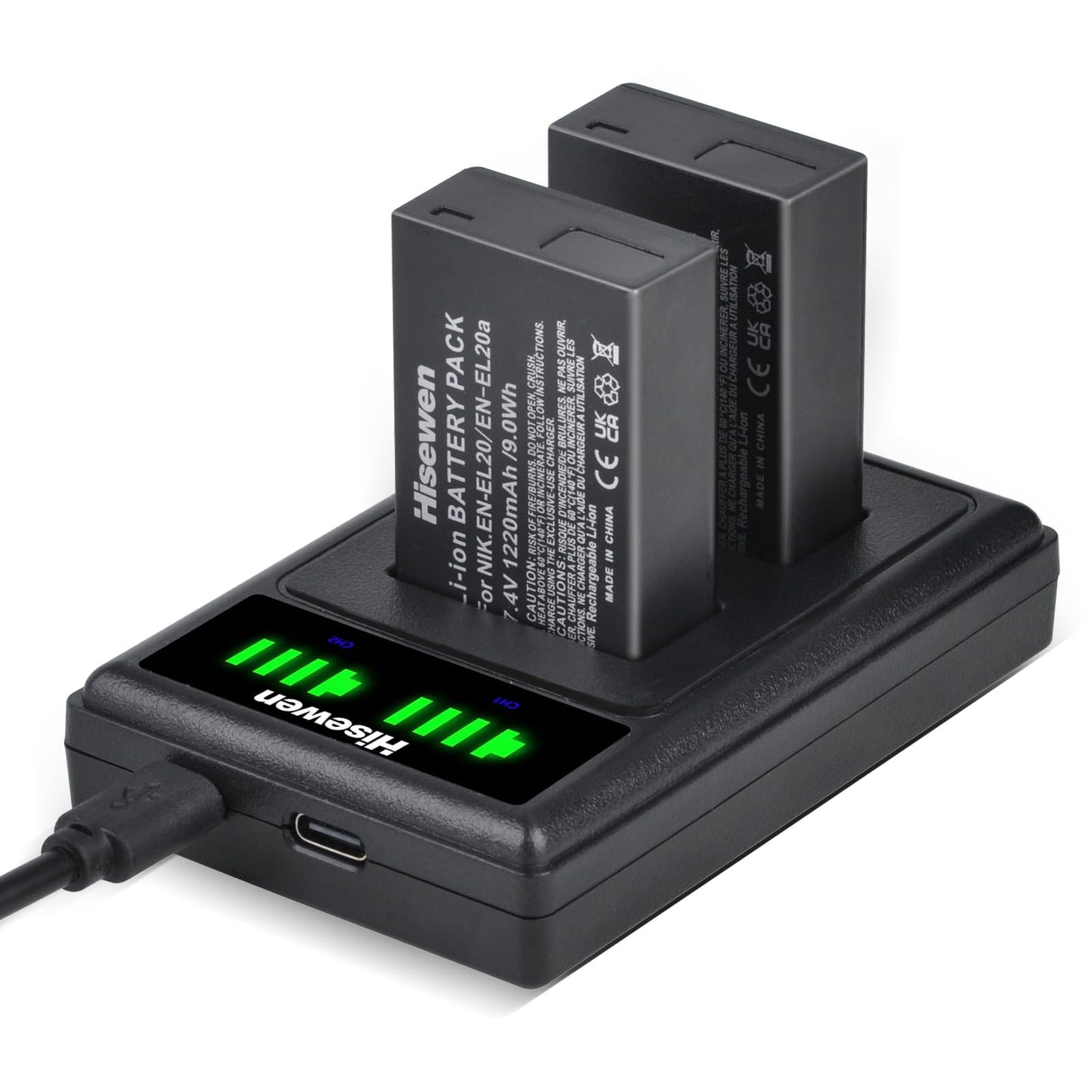 Hisewen EN-EL20 EN-EL20a Battery and Dual Charger for Nikon Coolpix P950, P1000, DL24-500, Coolpix A, 1 AW1, 1 J1, 1 J2, 1 J3, 1 S1, 1 V3 Digital