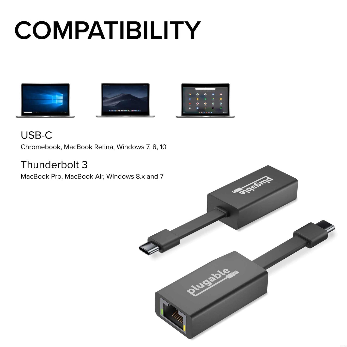 Plugable USB C to Ethernet Adapter, Driverless Fast and Reliable Gigabit Speed, Thunderbolt 3 to Ethernet Adapter Compatible with MacBook Pro