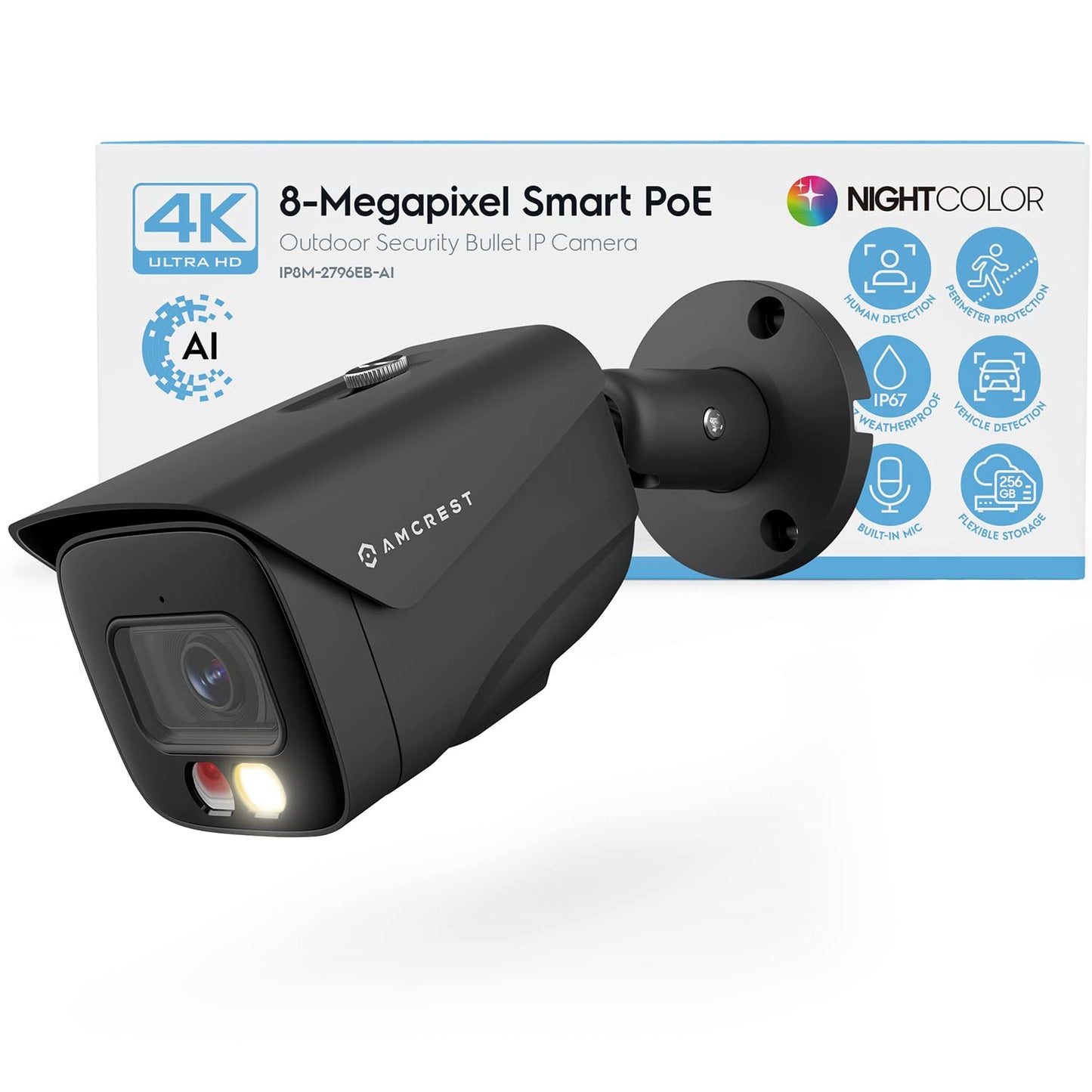Amcrest UltraHD 4K (8MP) IP PoE AI Camera, FOV 129°, 49ft Color Nightvision, Security Outdoor Bullet Camera, Human & Vehicle Detection, Active