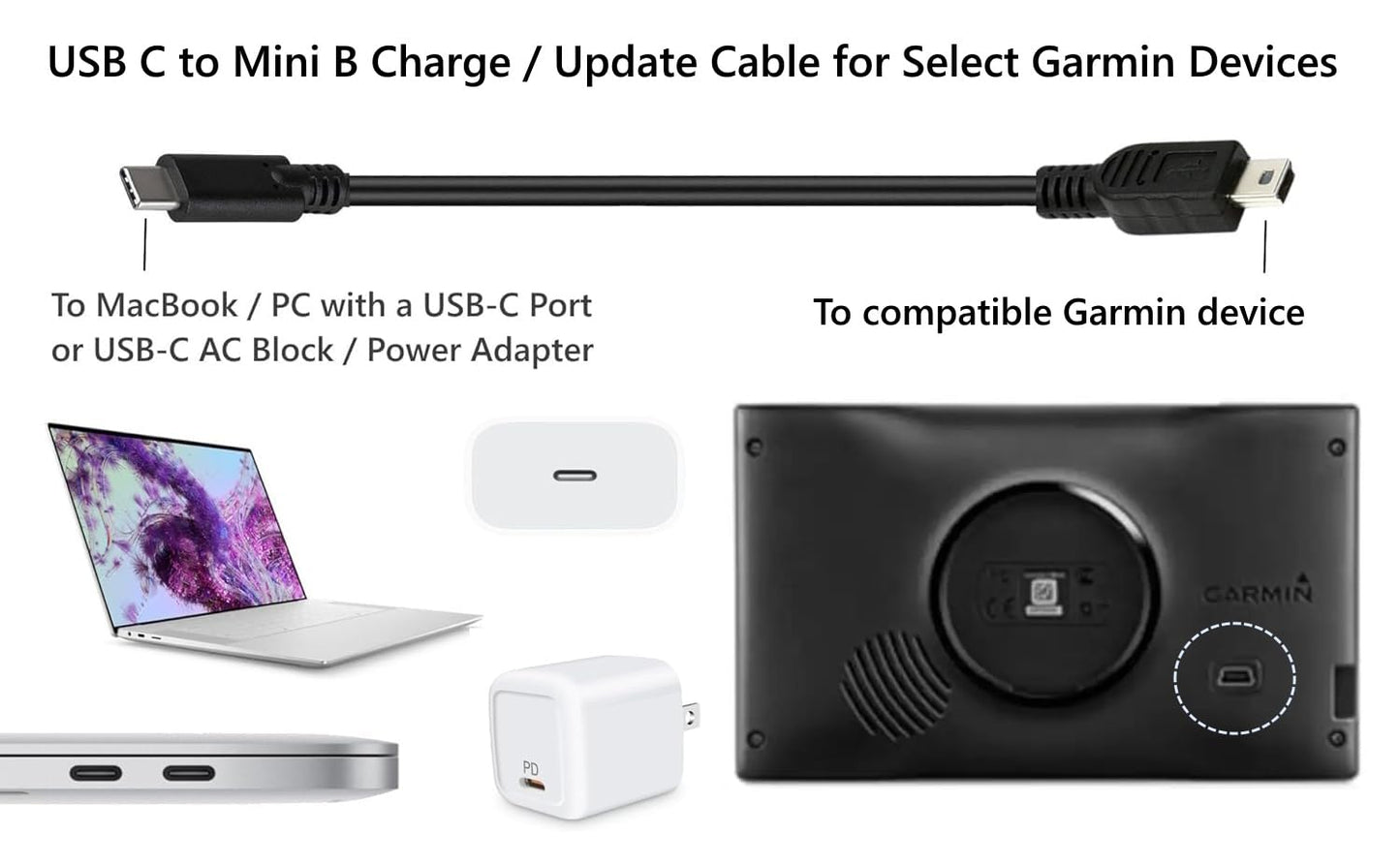ienza USB C to Mini B Charge/Update Cable for Garmin Drive 52 53, DriveSmart 65, eTrex 10 22x, dezl OTR500, nuvi 40LM 57LM 67LM 2689LMT 2757LM