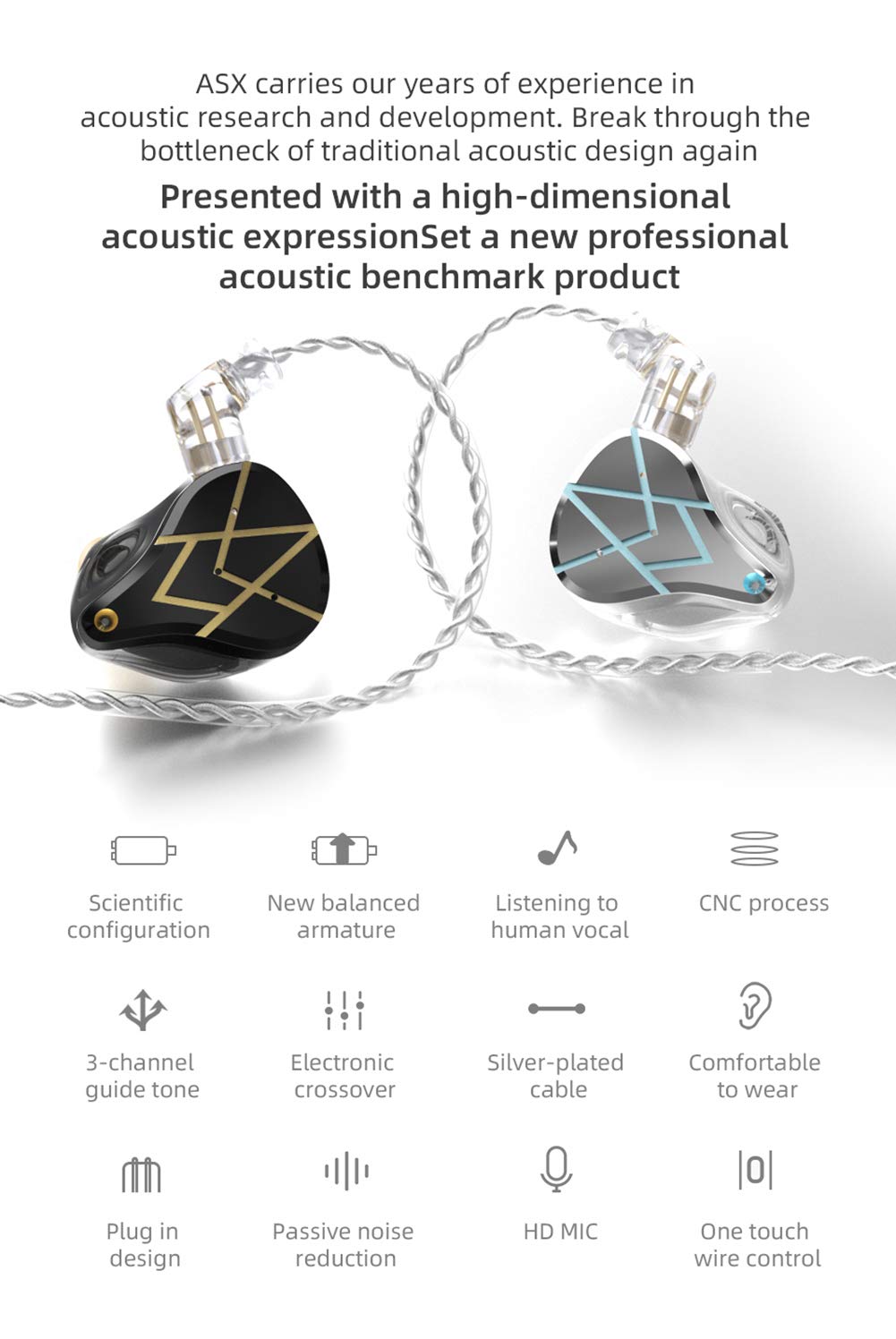 KZ ASX in-Ear Monitors, 10 Balanced Armatures Units per Side Customized HiFi IEM Wired Earphones/Earbuds/Headphones with Detachable Cable 2Pin…