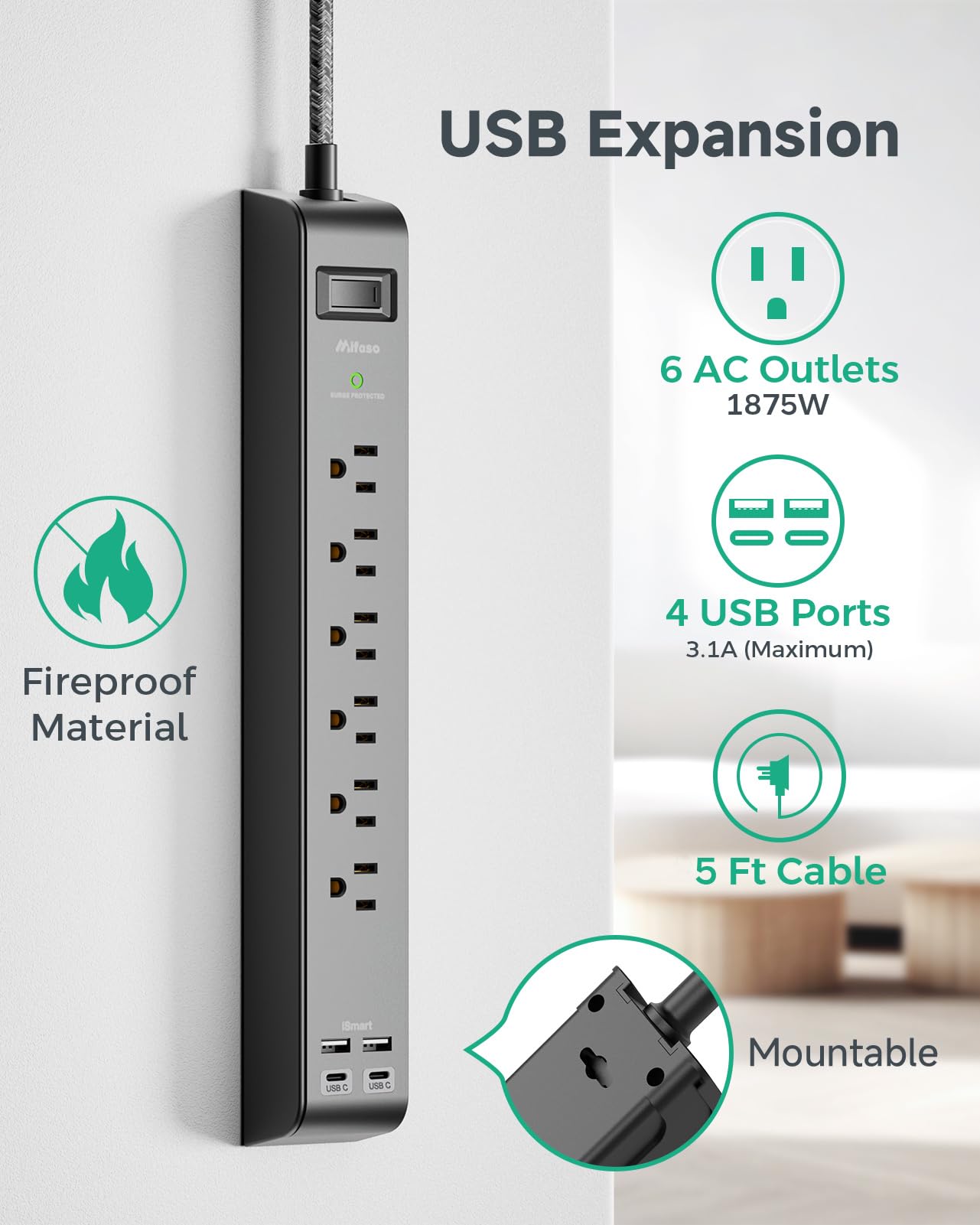 2 Pack Surge Protector Power Strip with 6 Outlets 4 USB Ports 5-Foot Long Heavy-Duty Braided Extension Cords Flat Plug 900 Joules 15A Circuit Breaker