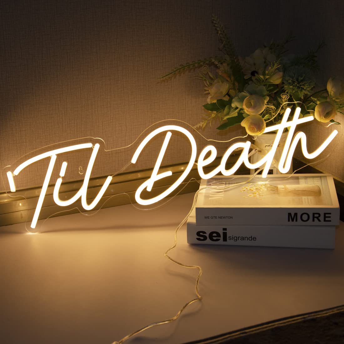 SYLHOME Large LED Neon Light Sign 'Til Death 24"X5.9" 12V Wedding Bridal Shower Neon Birthday Party Art Wall Decor Signs Bar Bedroom Living Room Decor
