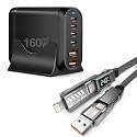 Famous Tech Shop 160W GaN Desktop Charger with 240W 4-in-1 Cable, 6 Port Charging Station with USB C and USB A, PD 3.0 QC 3.0 Fast Charging Hub