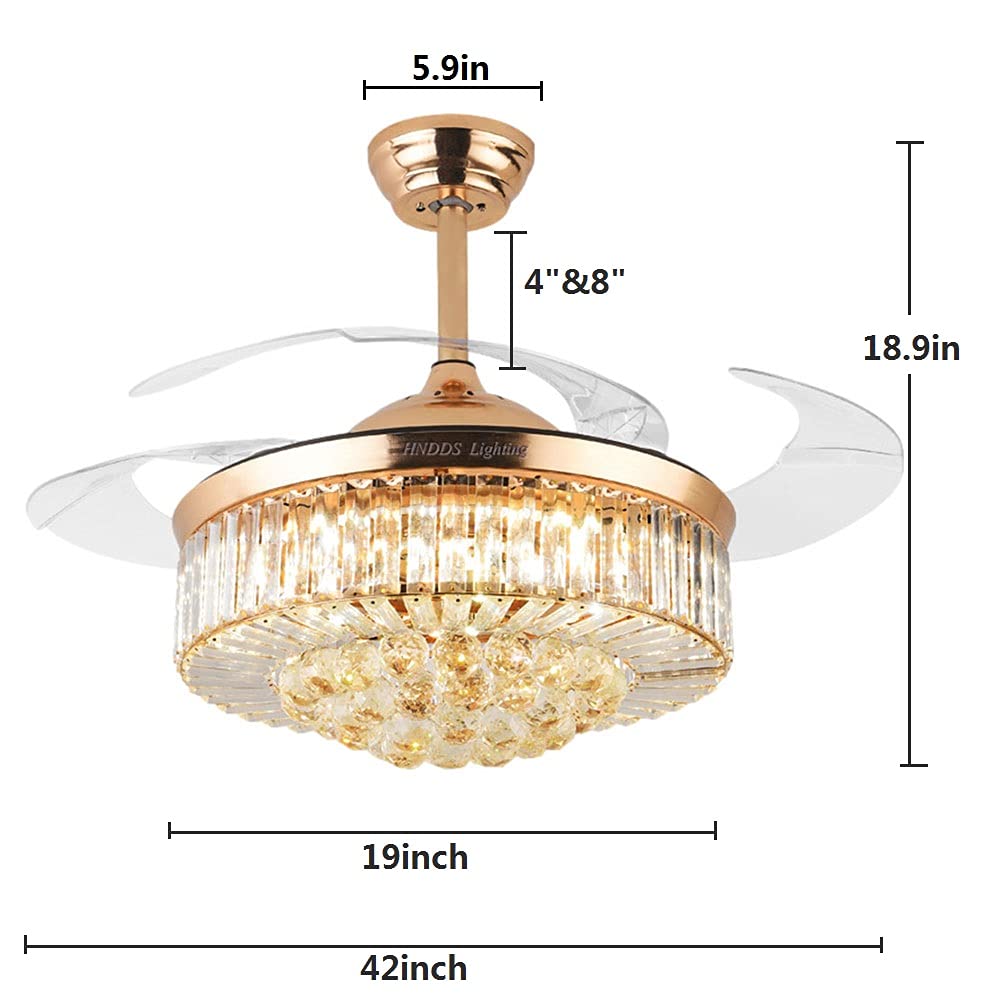 HNDDS Lighting 42" Crystal Ceiling Fan Chandelier with Remote,Retractable Blade Ceiling Fan with Lights,Modern LED Fandelier with Fixture Kits 3-Color