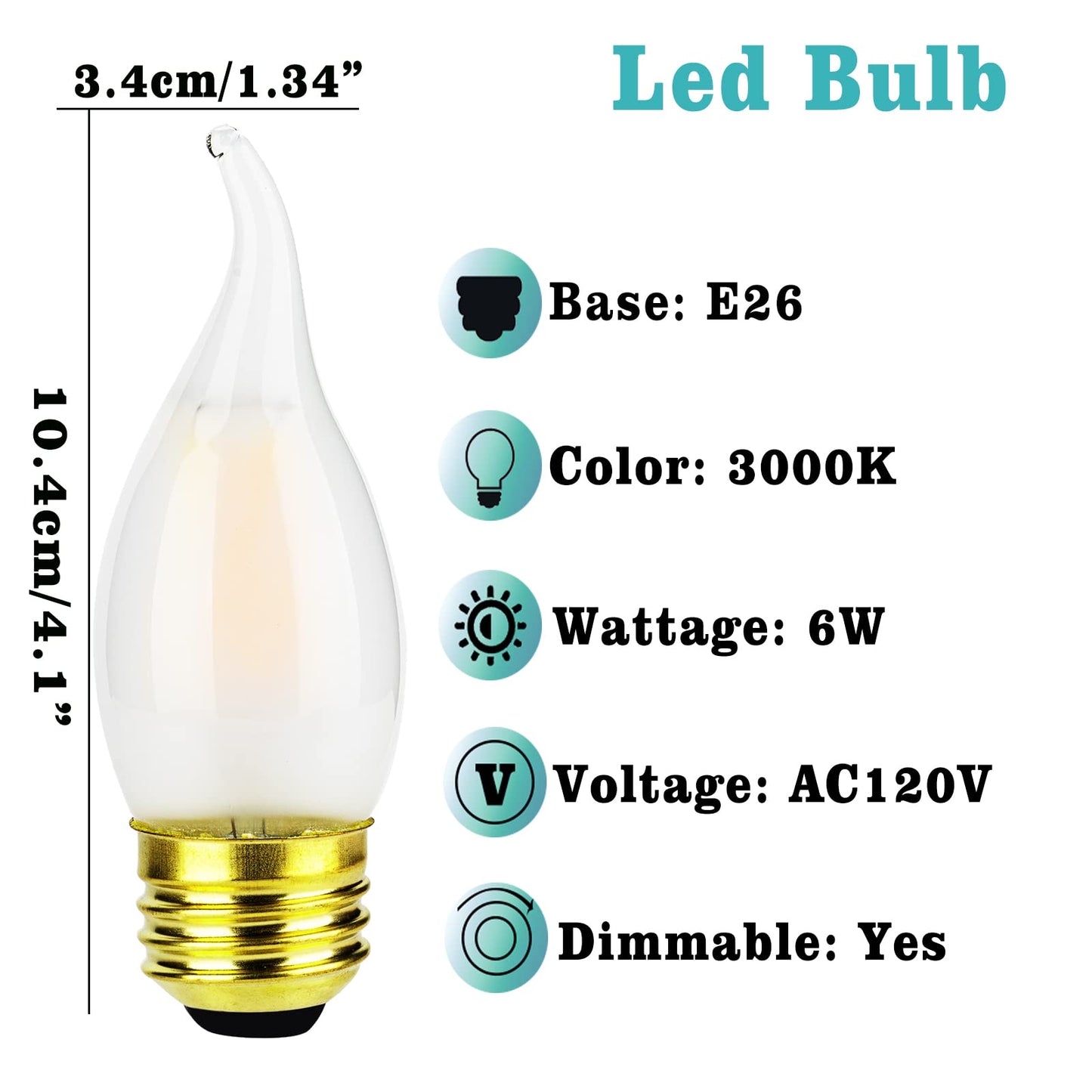 FLMAMT Dimmable 6W Led Bulb, 60 Watt Equivalent, 3000K Soft White Frosted Led Chandelier Light Bulb, E26 Vintage Led Candelabra Bulb, Pack of 4