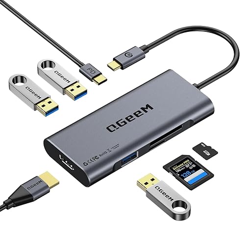USB C Hub, QGeeM USB 4k to HDMI Adapter, 7 in 1 USB-C Dongle with 100W PD,USB 3.0, Card Reader, Compatible for MacBook iPhone 15/17 Ipad Pro