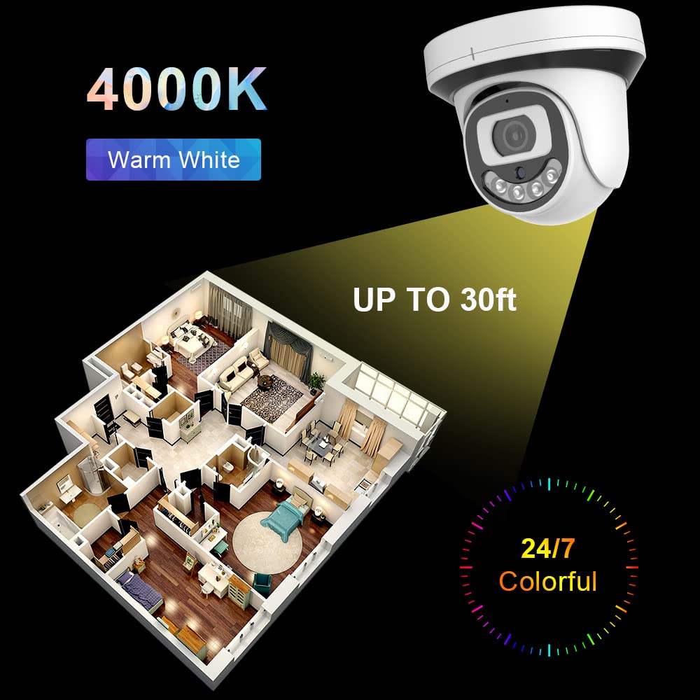 EVERSECU 1080P 24/7 Full-time Color Night Vision Indoor HD Analog Dome Security Camera with Warm Light LEDs, 2MP (HD-TVI/AHD/CVI/Analog) 4-in-1 CCTV