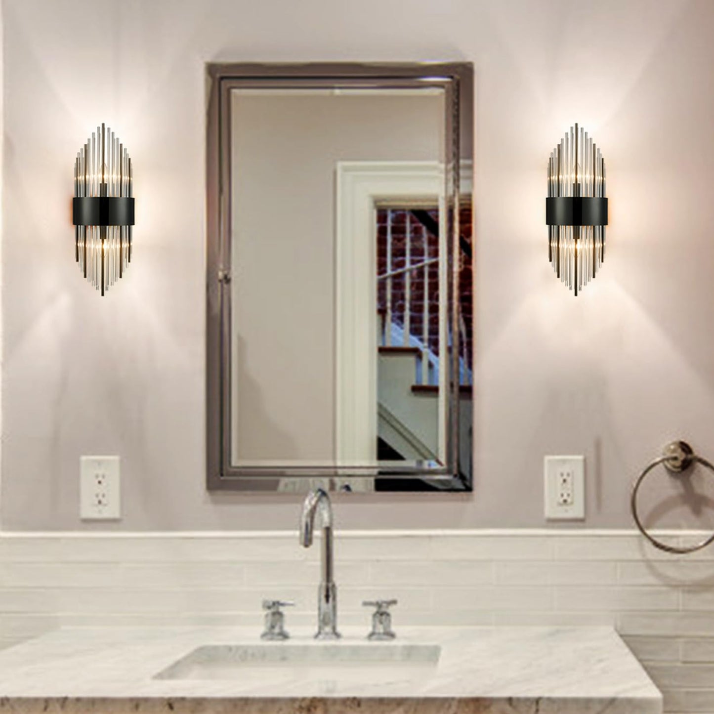 SAMTEEN Modern 2-Light Crystal Wall Sconces Set of Two Black Glass Bathroom Wall Light Fixtures Luxury Crystal Sconces Wall Decor for Bedroom Hallway