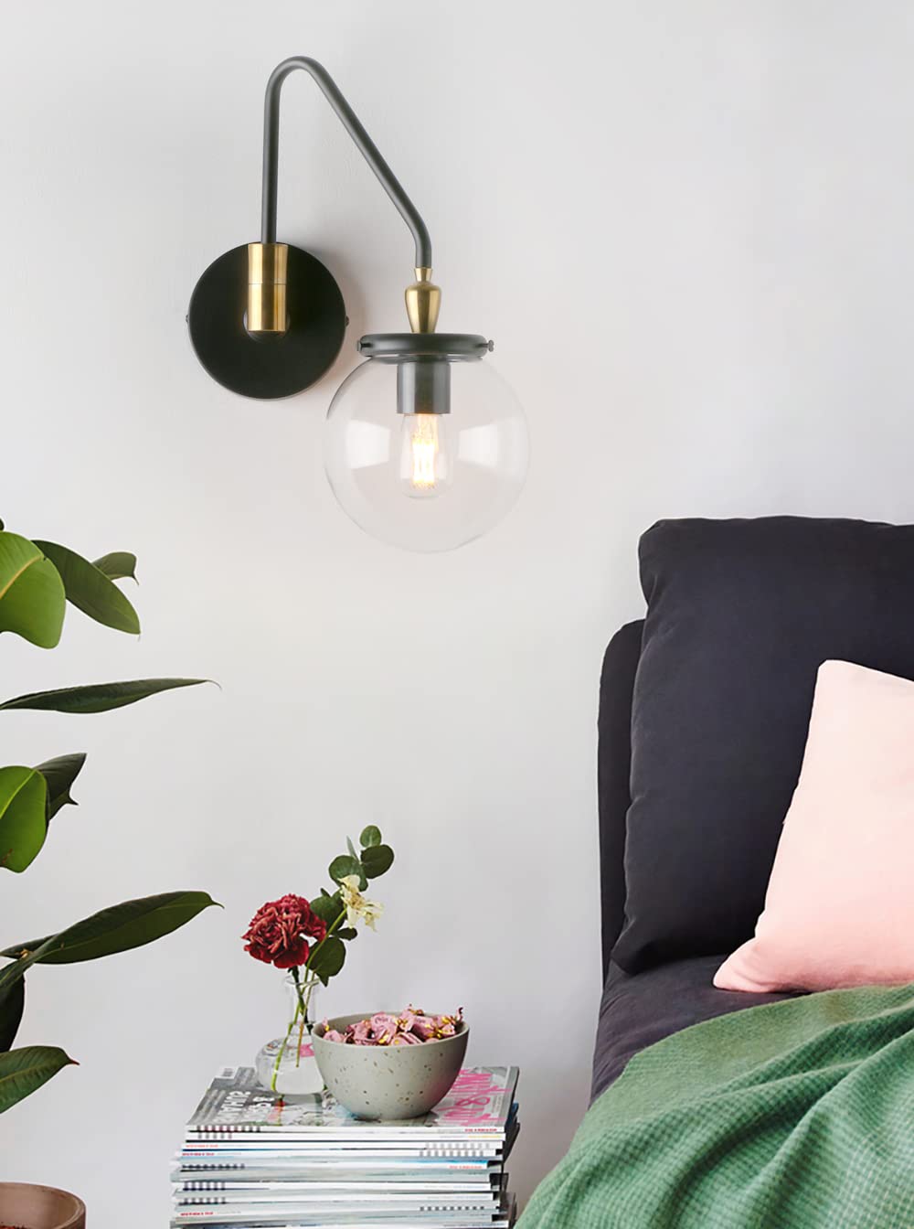 Pathson Industrial Swing Arm Wall Sconce Lighting, Adjustable Globe Wall Vanity Light for Bathroom, Hardwired Wall Lamp Fixture for Bedside Living