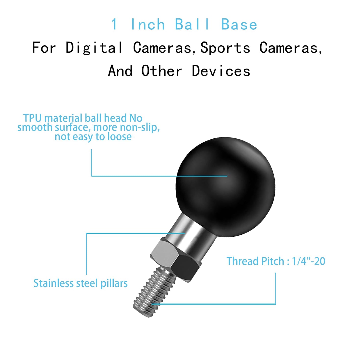 YIMINGYINUO 1 inch Ball Adapter with 1/4"-20 Threaded Post Compatible with RAM Mounts B Size Double Socket Arms for Action Cameras,Camcorder,Bike