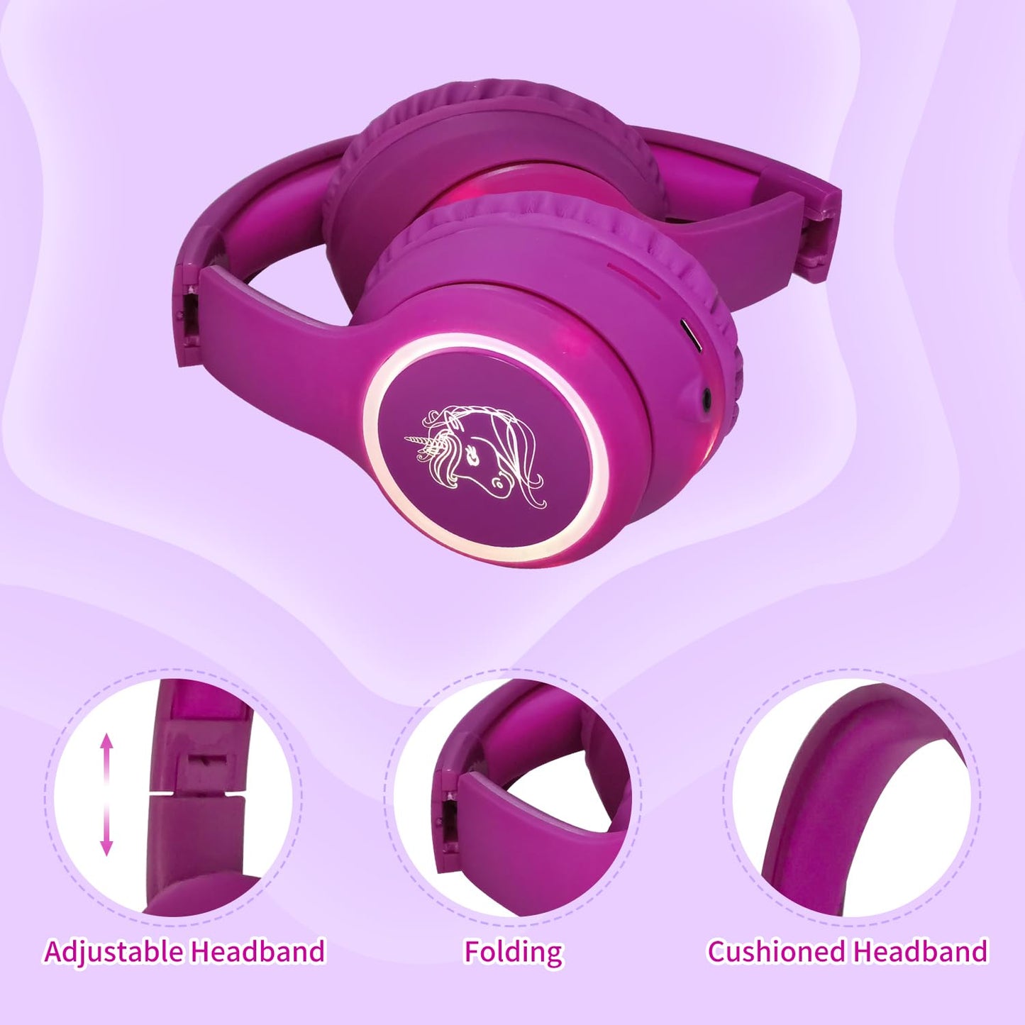 YUSONIC Unicorn Kids Headphones, Unicorn Bluetooth Headphones Foldable for Girls Boys Toddlers Tablet School Travel,Light Up Kids Wireless Headphone…