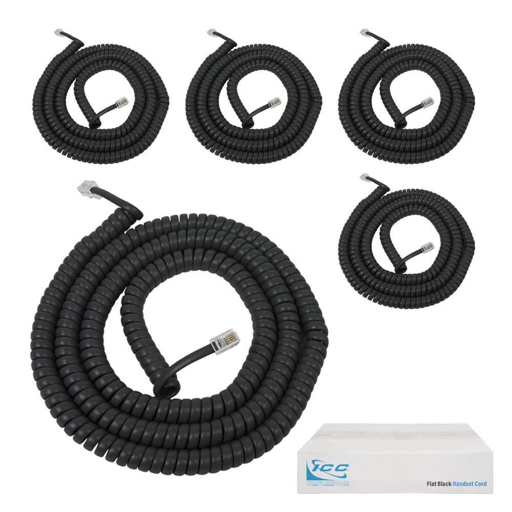 ICC Telephone Handset Cord/Phone Cord, 25 Ft - RJ9 (RJ22) Connectors, Flat Black, 5-Pack - Curly Coiled Tangle-Free Design for PBX & VoIP Phones
