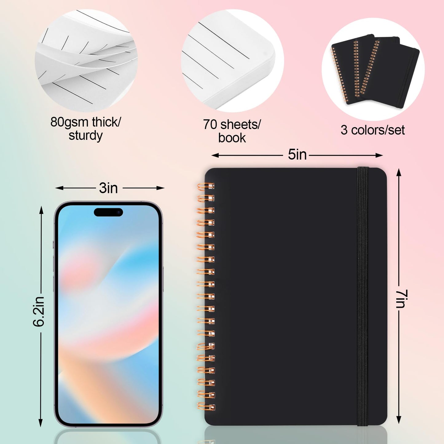 Utron 3 PCS Small Spiral Notebook 5x7, Notebooks for Note Taking, Black Spiral Journal Notebook, Work Notebook Small Notebooks 5x7 with Strap, Cute