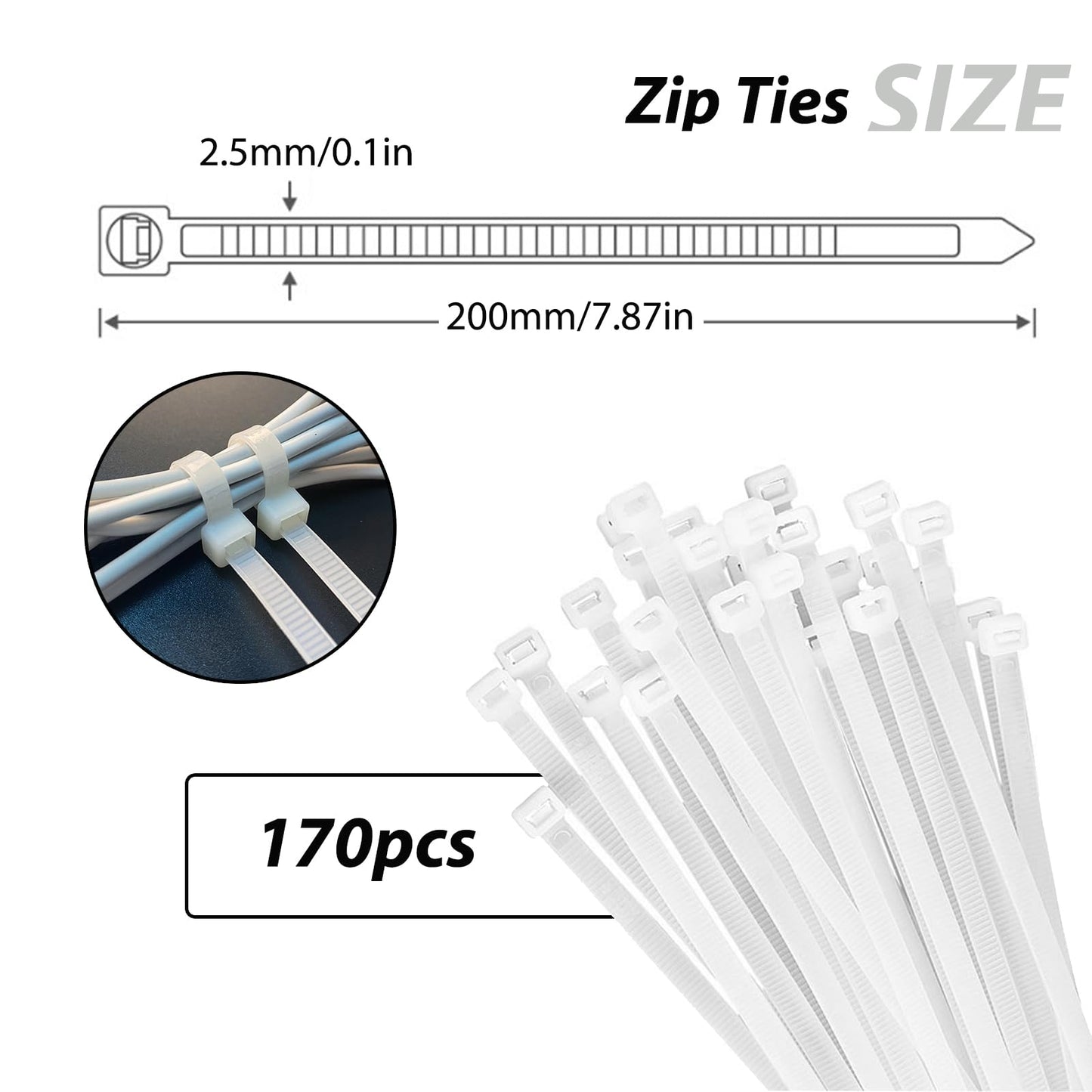 340 Pcs Self Adhesive Cable Zip Tie Mounts Set | 170 Pcs Cable Tie Mounting Base,3/4" | 170 Pcs Zip Ties,8" | White,Cable Clip,Wire Management