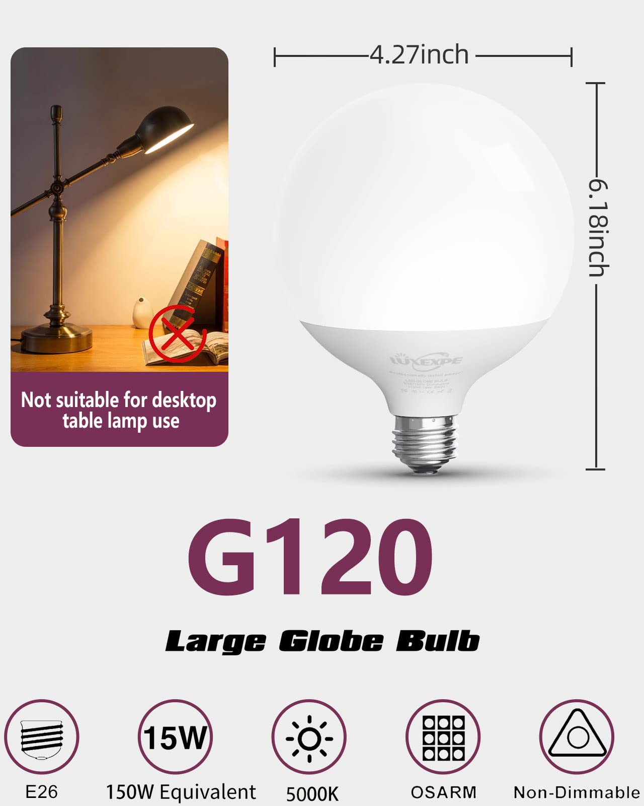LUXEXPE Led Light Bulb, G120 Globe Bulb, Large Globe Light Bulbs,15W=150W