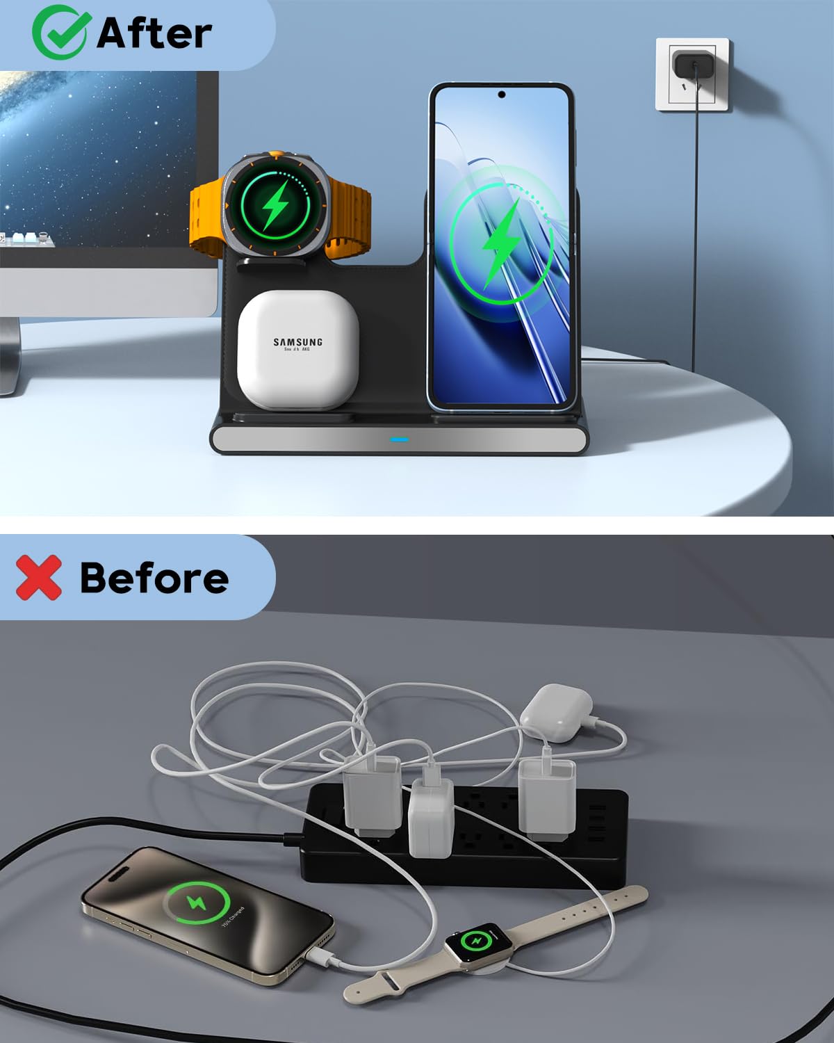 3 in 1 Wireless Charger Fast Charging Stand for Samsung, 15W Foldable Phone Charger Stand Android Charging Station for Samsung Galaxy S25/S24/S23