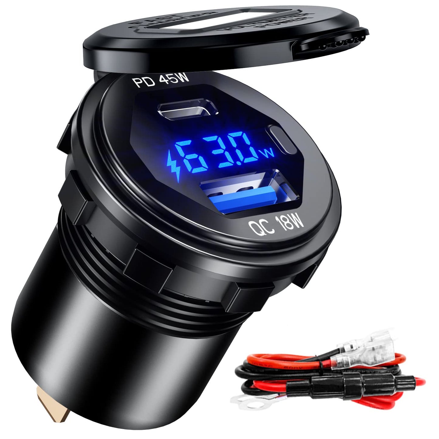 BATIGE PD 45W USB C Quick Charger 18W USB 3.0 Charger Socket Waterproof with Switch LED Voltmeter and Wire Fuse DIY Kit for 12V/24V Car Boat Marine