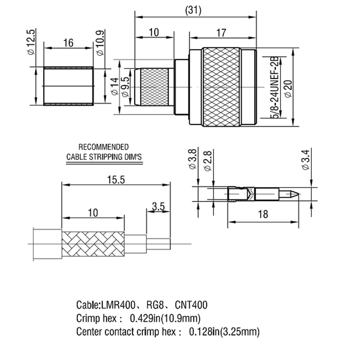 Riotaxy N Male Crimp Connector for LMR400 Belden 9913 RG8 - Nickel Machined Brass Construction - Pack of 2