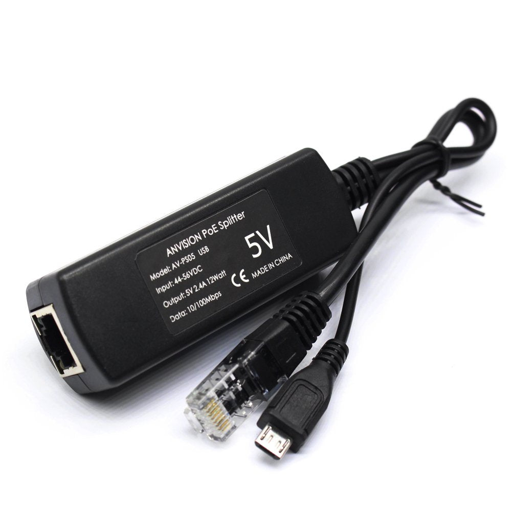 ANVISION Active 48V to 5V 2.4A PoE Splitter Adapter with Micro USB Plug, IEEE 802.3af Compliant, for Tablets, Dropcam or Raspberry Pi, IPC, IP Camera