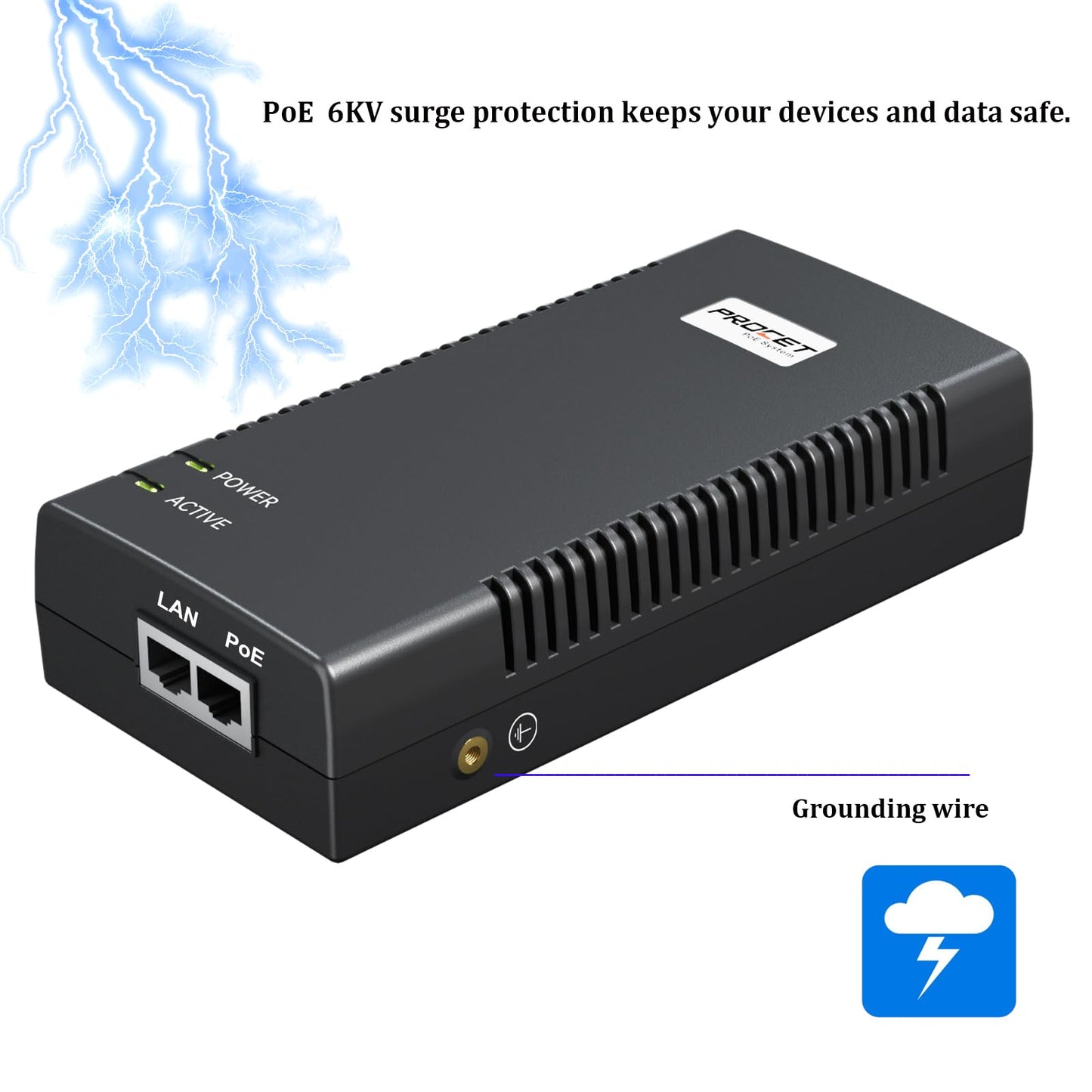 PROCET Gigabit PoE Iniector 90W PoE++ Power Injector with 6KV Surge Protector for HD PTZ AI Camera, CCTV Camera, Gate Hub, Wireless AP, Base Station