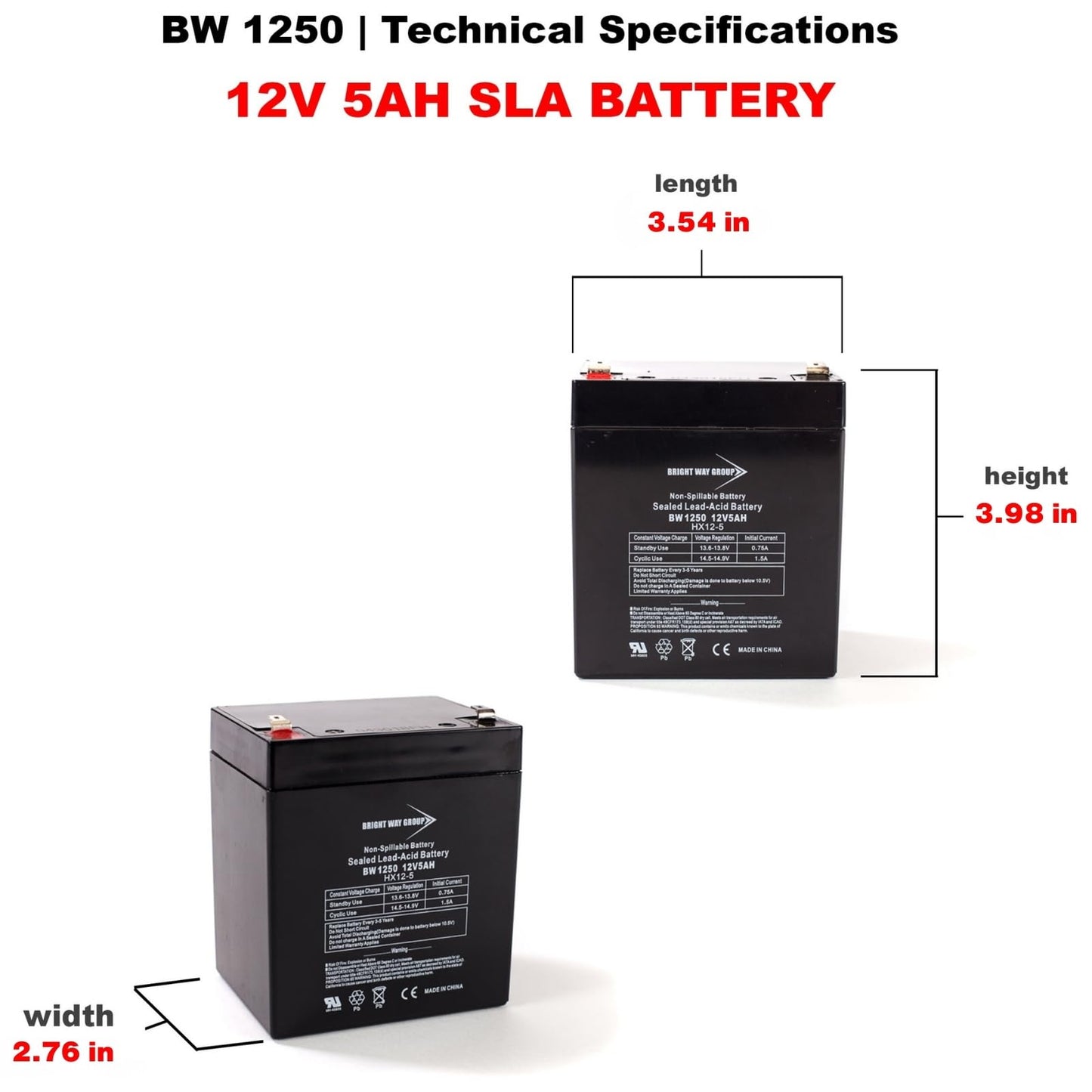 Bright Way Group BW1250-F1, BW 1250 (0124), BWG 1250 T1 Battery, 12V 5Ah