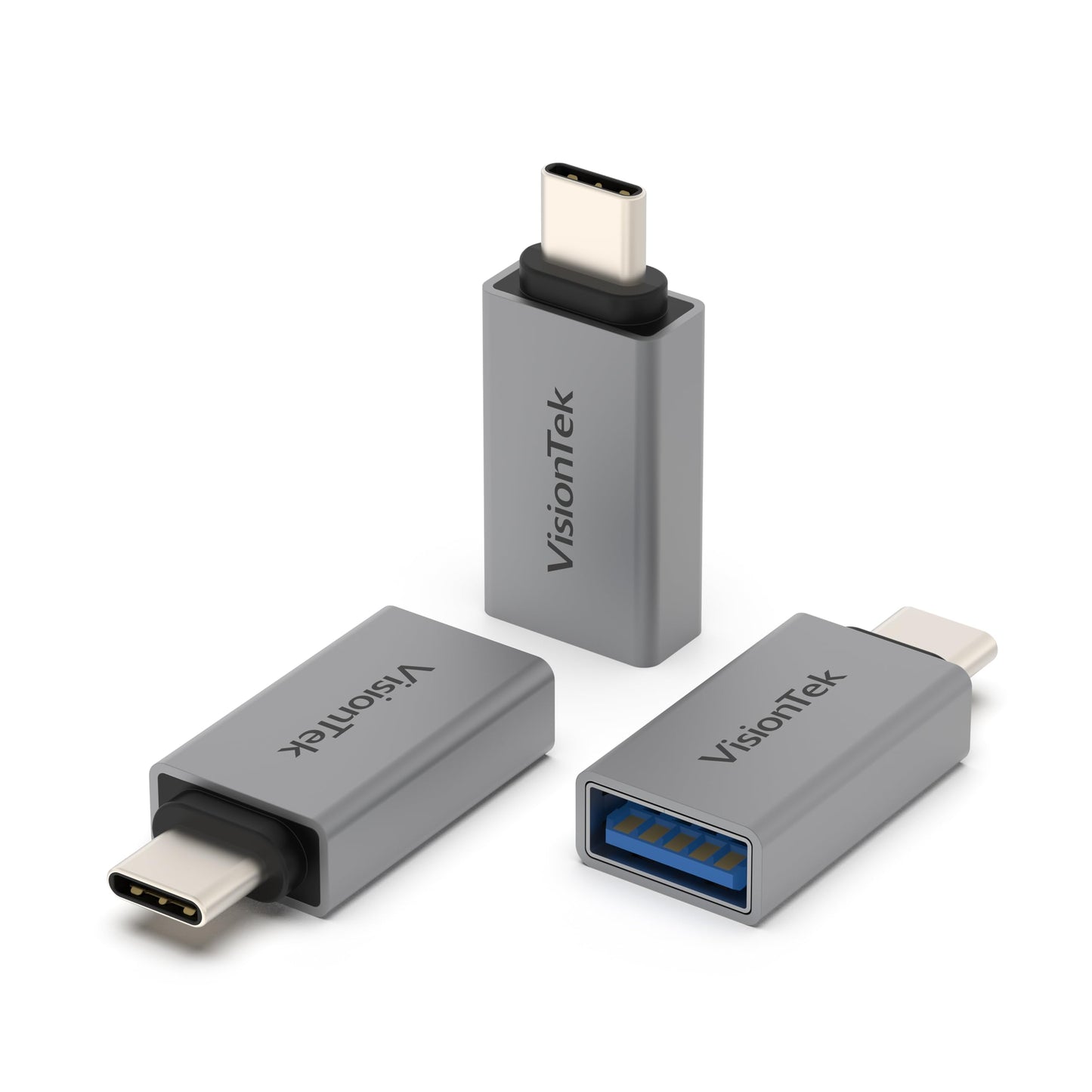 VisionTek USB C to USB A Adapter 3-Pack, 10Gbps USB 3.2 Gen 2, Aluminum Durable Design, Up to 15W Charging - iPhone 17, 16, 15 Pro, MacBook Pro, iPad…