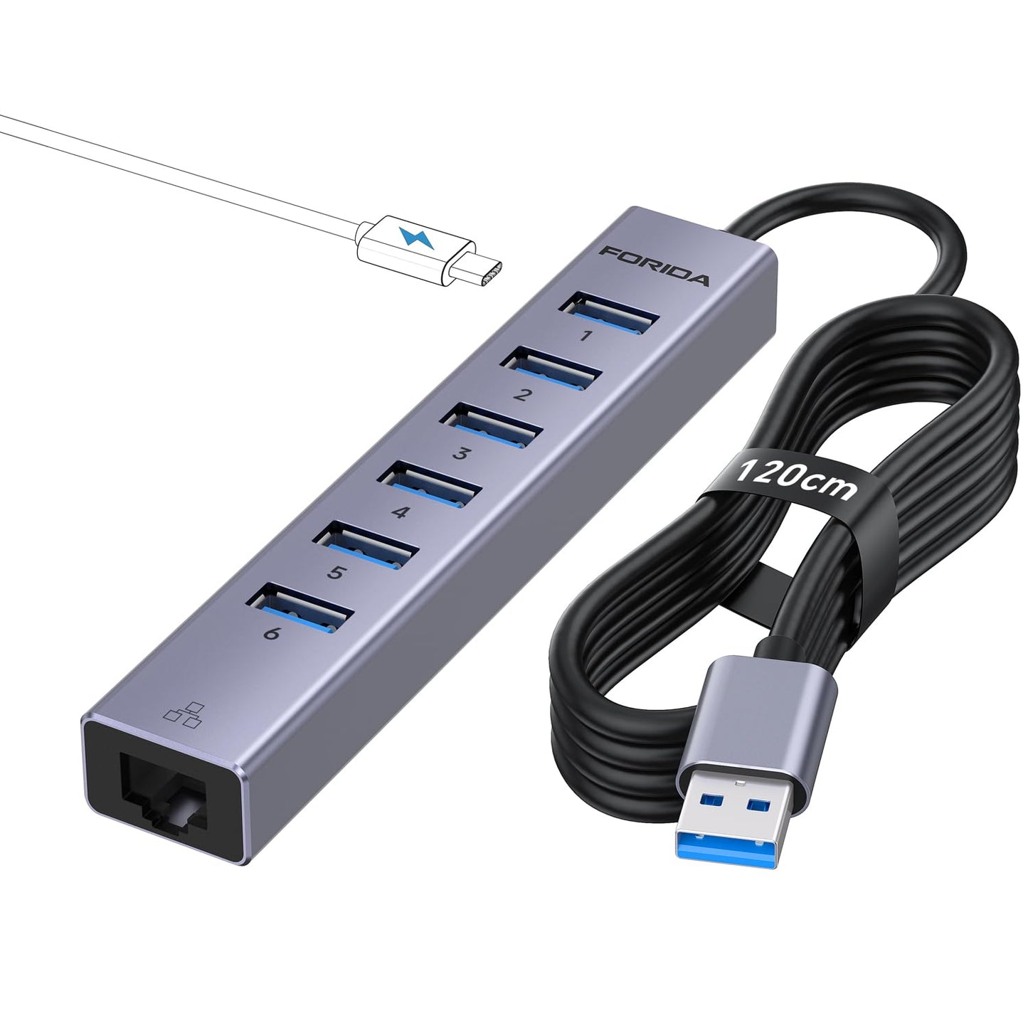 FORIDA Aluminum USB to Ethernet Adapter with 7-Port USB Hub - 3.9ft Long Cable, Gigabit Ethernet Port, 5V/3A Power Port | USB Extender Compatible