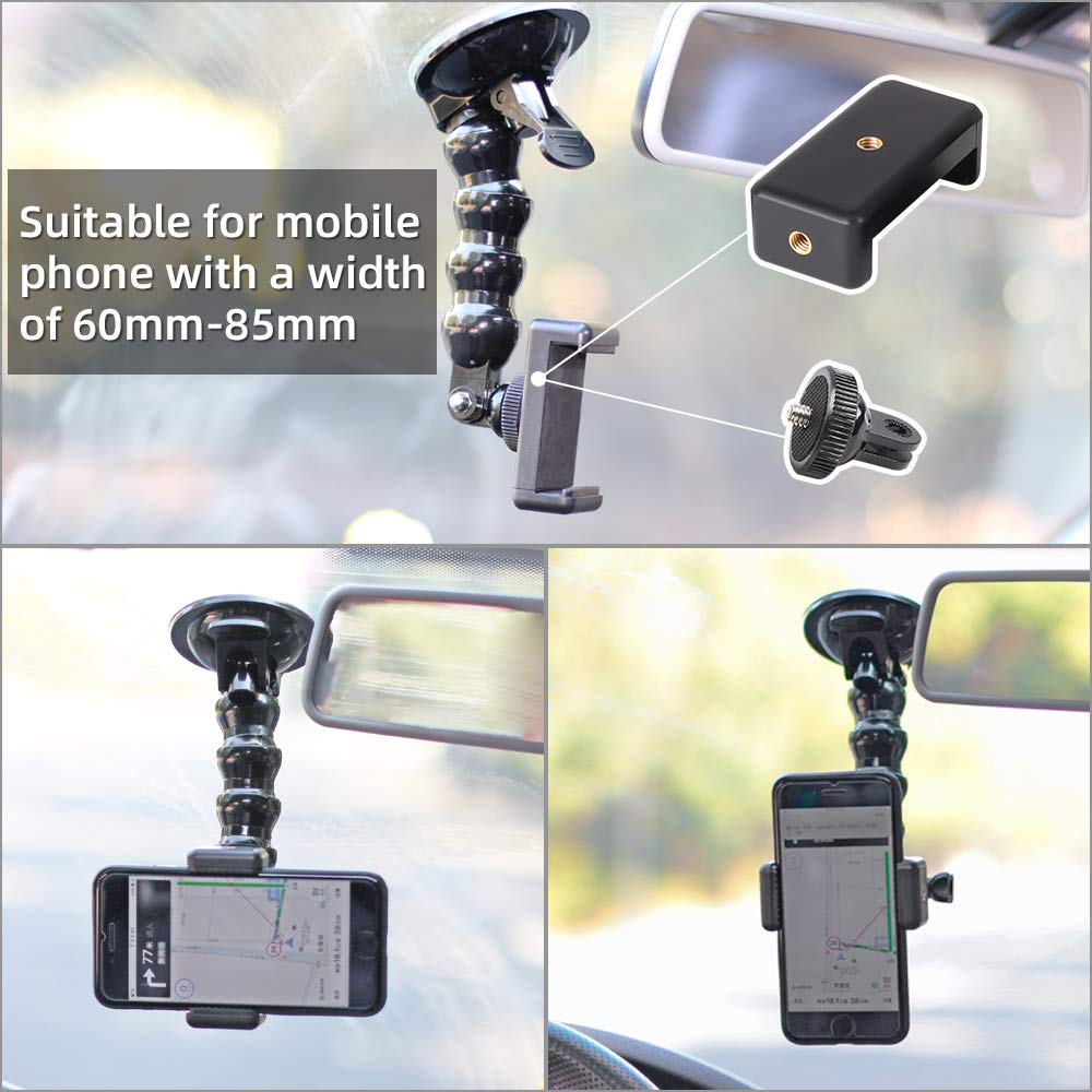 SUREWO Flexible Gooseneck Suction Cup Car Mount Holder for GoPro 13, Flexible Extension Car Windshield Mount with Phone Mount for GoPro Hero 12 11 10