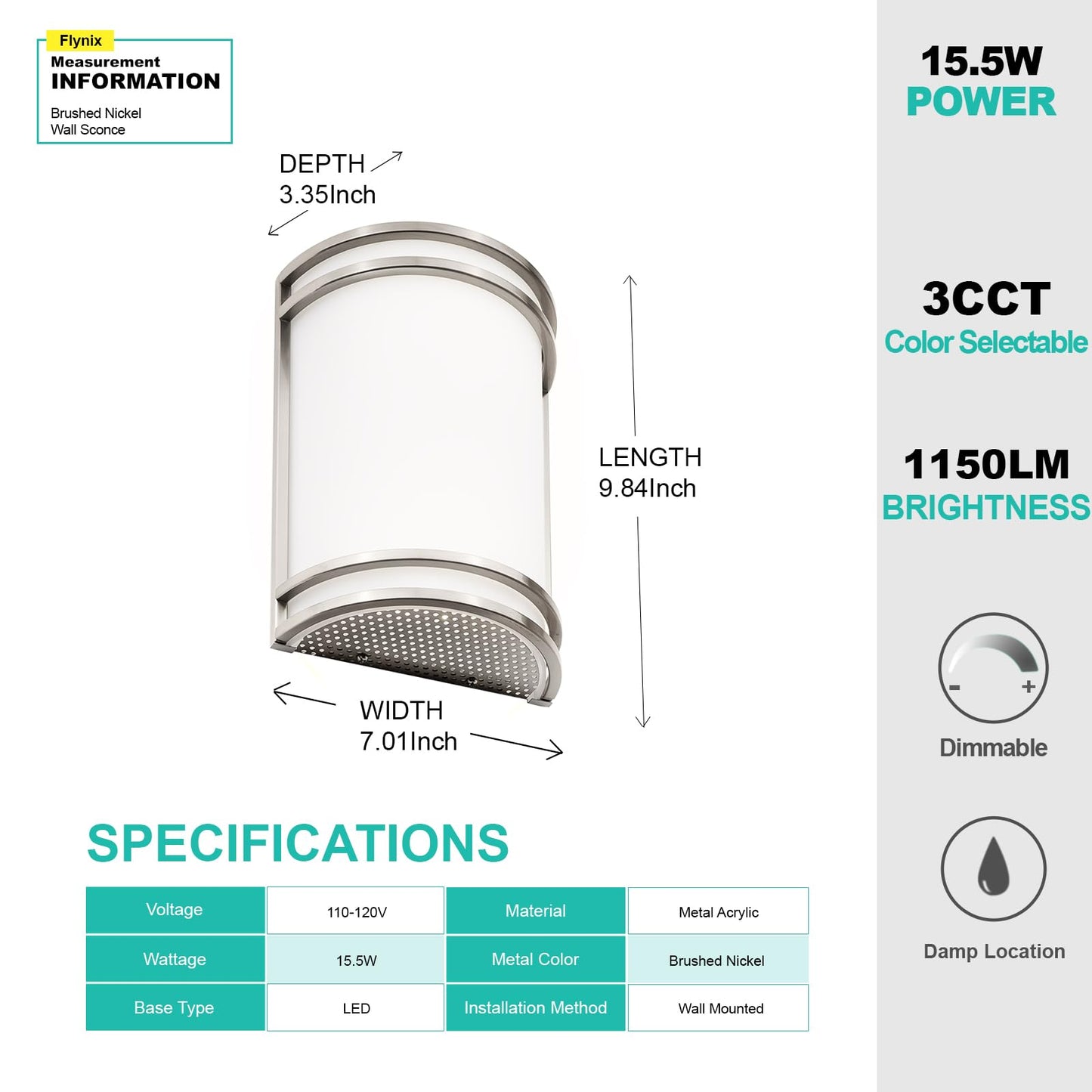 Flynix Indoor Wall Sconce, Half Cylinder Wall Light Fixture, 3000K 4000K 5000K Color Temperature Adjustable, Dimmable LED Modern Wall Light