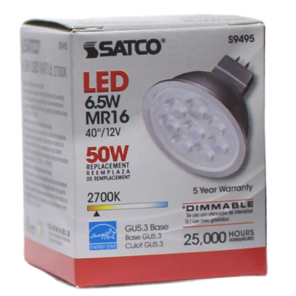 Satco S9495 LED Light Bulbs, 6.5W MR16, 40 Degree Beam, 2700K Warm White, 12 Volt, Dimmable (Pack of 6)
