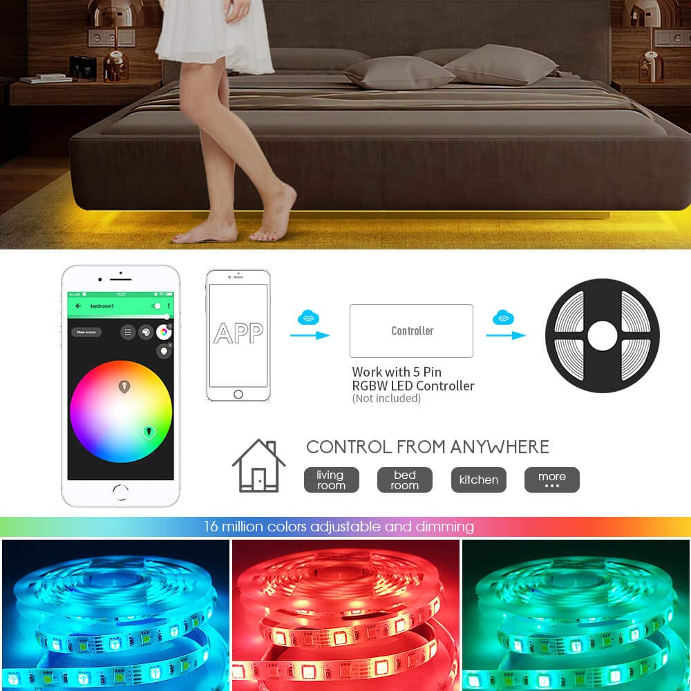 GIDERWEL RGBW LED Strip Light,16.4ft RGB+Cold White SMD5050 Flexible 12V LED Strips 300LEDs,Dimmable Mixed Color Changing LED Tape Light Ambiance