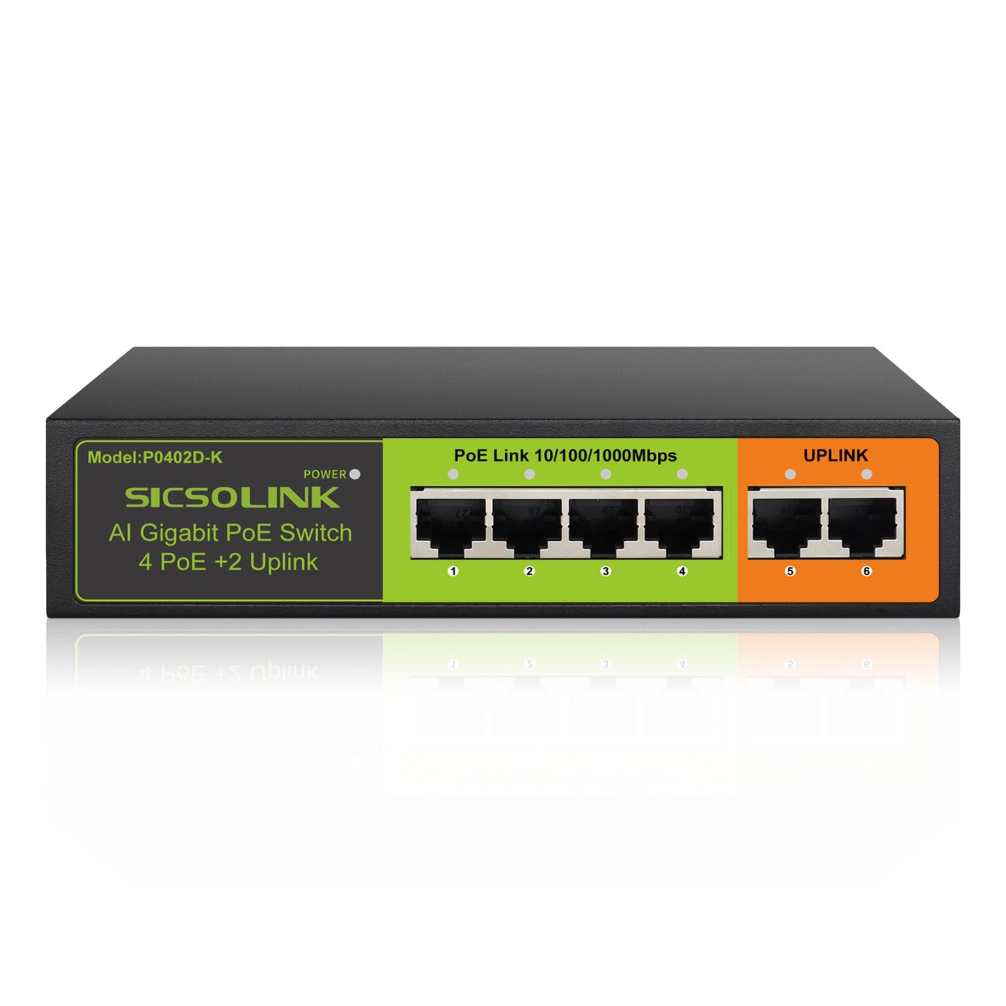 SICSOLINK Gigabit 6 Ports PoE+ Switch (4 PoE+ Ports, 2 Uplink), 802.3af/at, 65W Total Power, 1000Mbps, Unmanaged, Fanless, Metal Case, Suitable for IP