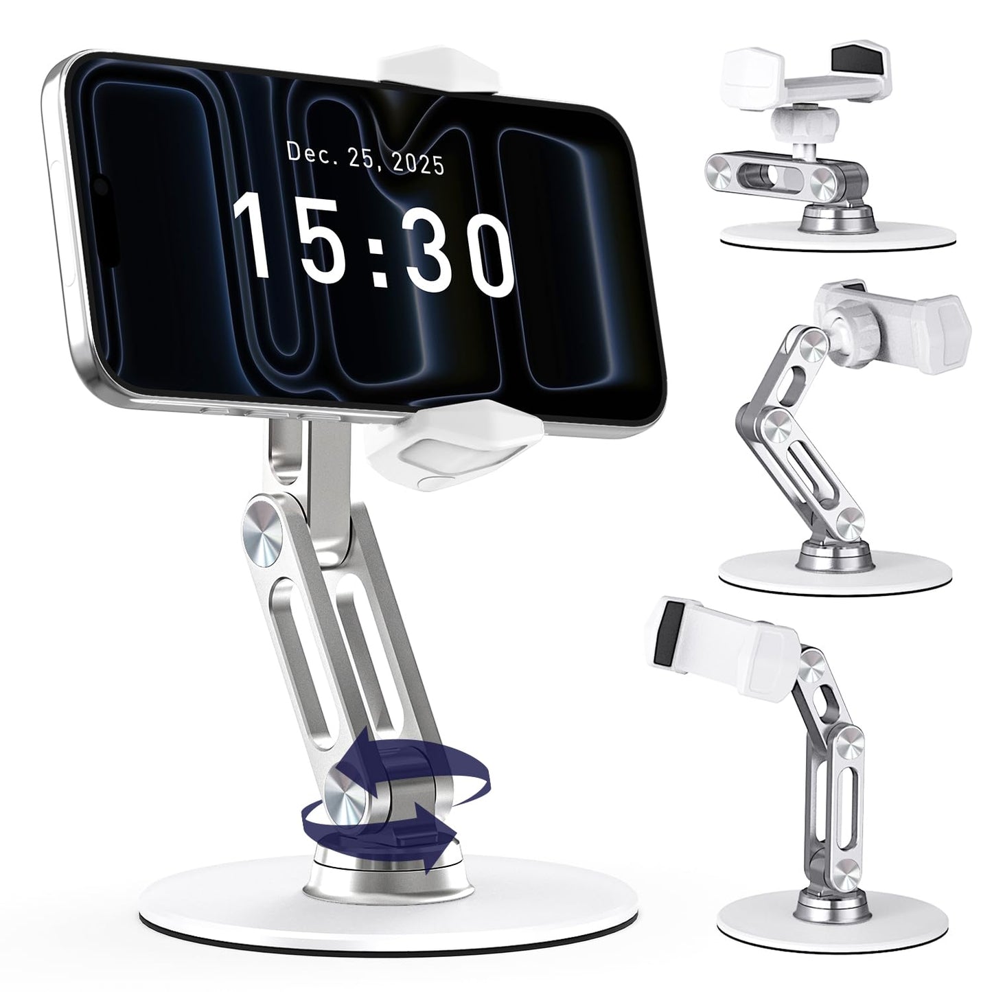 QooWare Phone Stand for Desk - Adjustable Height and Angle Foldable Cell Phone Stand Holder, No Dropping Stable Triple-Clamp Holder, Adjustable