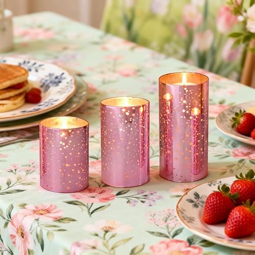 Pink Flameless LED Candles with Remote - Mercury Crackle Glass, Real Wax, Warm White Flicker, 500+ Hrs, Spring & Summer Decor for Women, Mother's Day