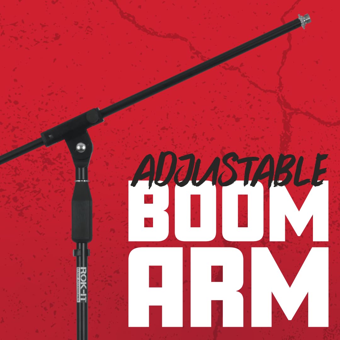 Rok-It Standard Fixed Boom Arm Microphone Stand with Height Adjustable Tripod Base, 40" to 67" (RI-MICTP-FBM)