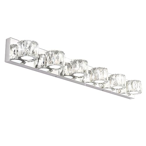 Aipsun 6 Lights 41in Crystal Vanity Lights Over Mirror Long Bathroom Lighting Fixture Modern LED Vanity Light for Bathroom,White Light 6000K
