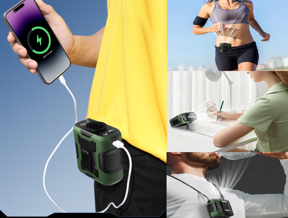 Portable Rechargeable Waist Fan with 100 Speeds & LED Flashlight, Hands-Free Wearable Belt Fan for Outdoor, Camping, Travel, AI energy-saving battery