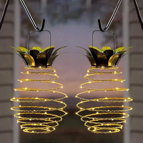 JHPGEOE 2 Pack Outdoor Solar Hanging Lantern Lights - 60LED Waterproof Solar Pineapple Light Outdoor for Garden,Yard Porch Lawn Backyard Landscape