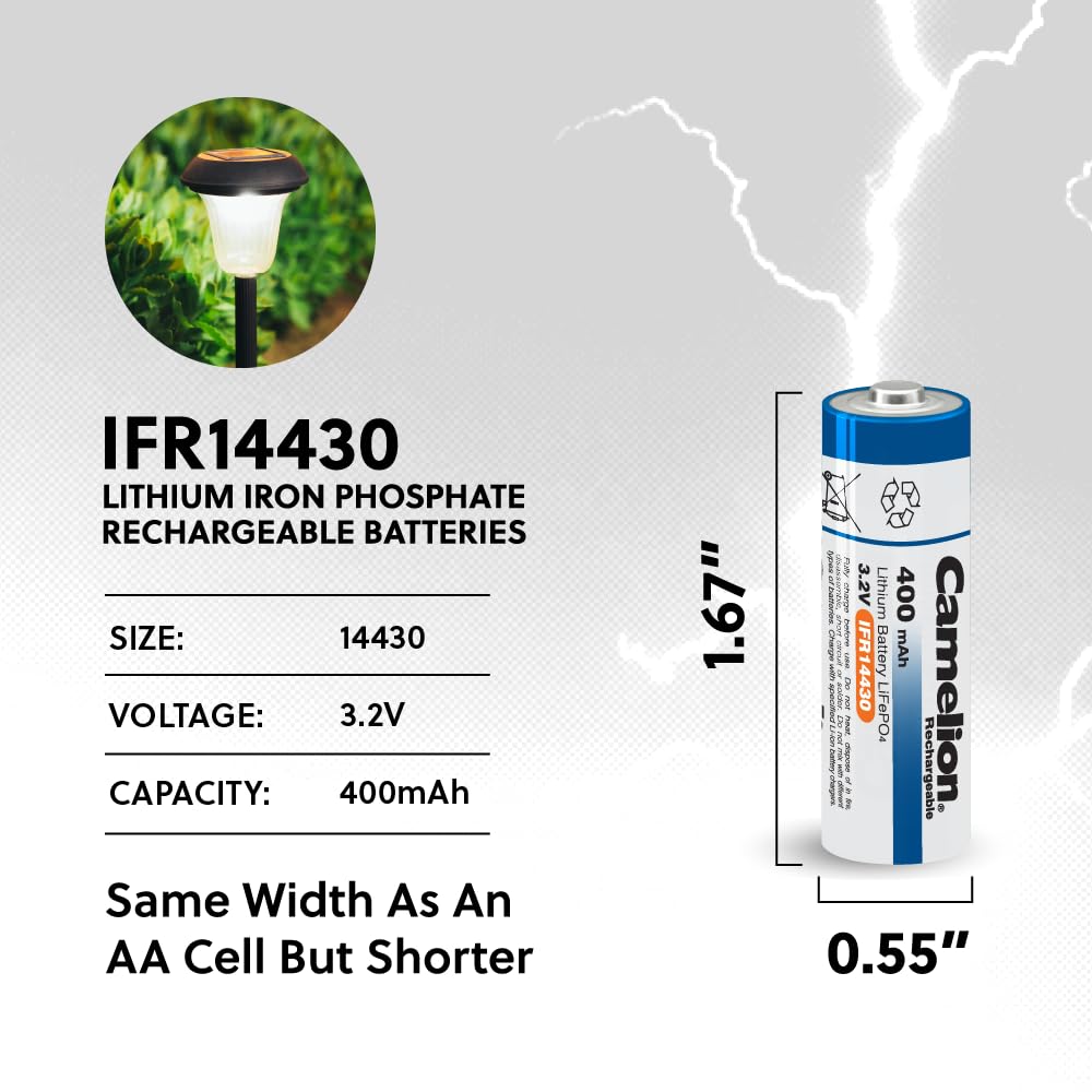Camelion 14430 3.2v 400mAh Rechargeable Battery, 3.2v Rechargeable LiFePO4 Batteries for Outdoor Rechargeable Solar Garden Light, Panel Light, Tooth…