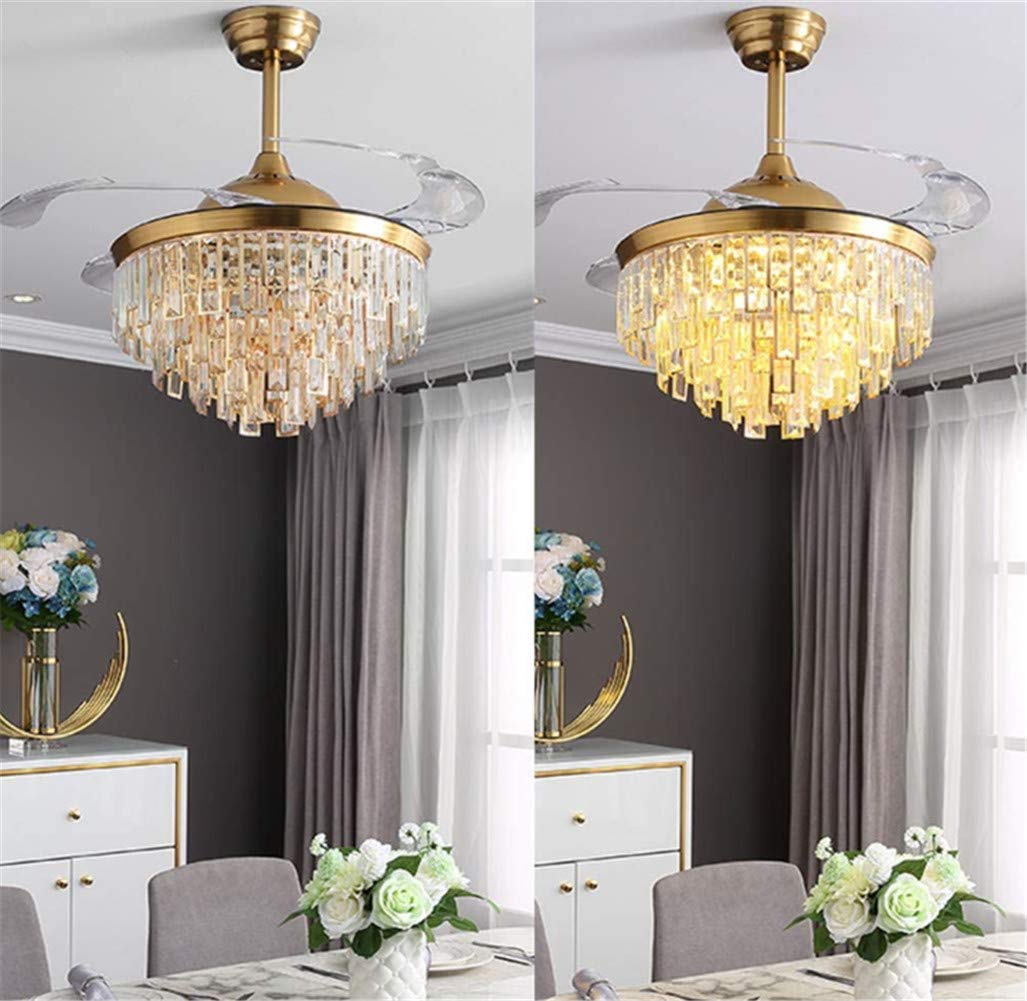 Angry Pryo 42" Luxury Crystal Retractable Ceiling Fan with LED Lights and Remote,3 Color 3 Speed Silent Motor Ceiling Fan Chandelier for Living Room