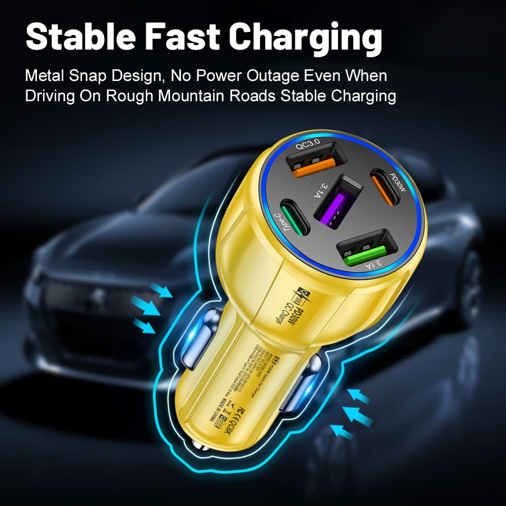 5-Port 75W USB C Car Charger, PD30W & QC3.0 Fast Charging Cigarette Lighter USB Charger Adapter for iPhone/Android/Samsung/iPad (Yellow)