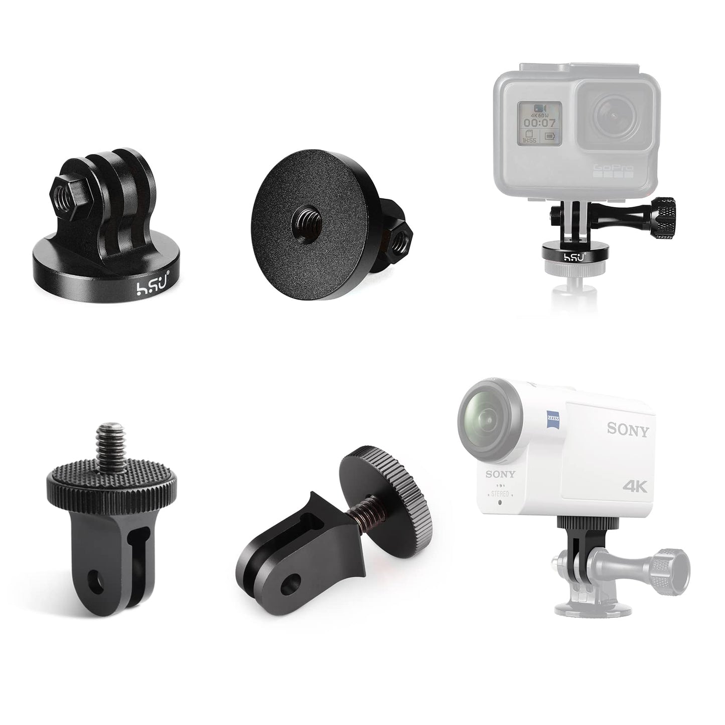 HSU All Aluminum Alloy Basic Adapter Grab Bag for GoPro, Including 1/4 inch 20 Tripod Mount, Rotation Camera Mount, Adjust Arm, Thumbscrew