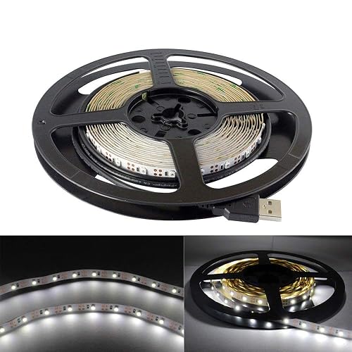 USB LED Strip Light White 5V 5M 300 SMD 3528 with 3M Tape for TV PC Computer Case Back Lighting,Under Counter Light (Non-Waterproof, Cool White