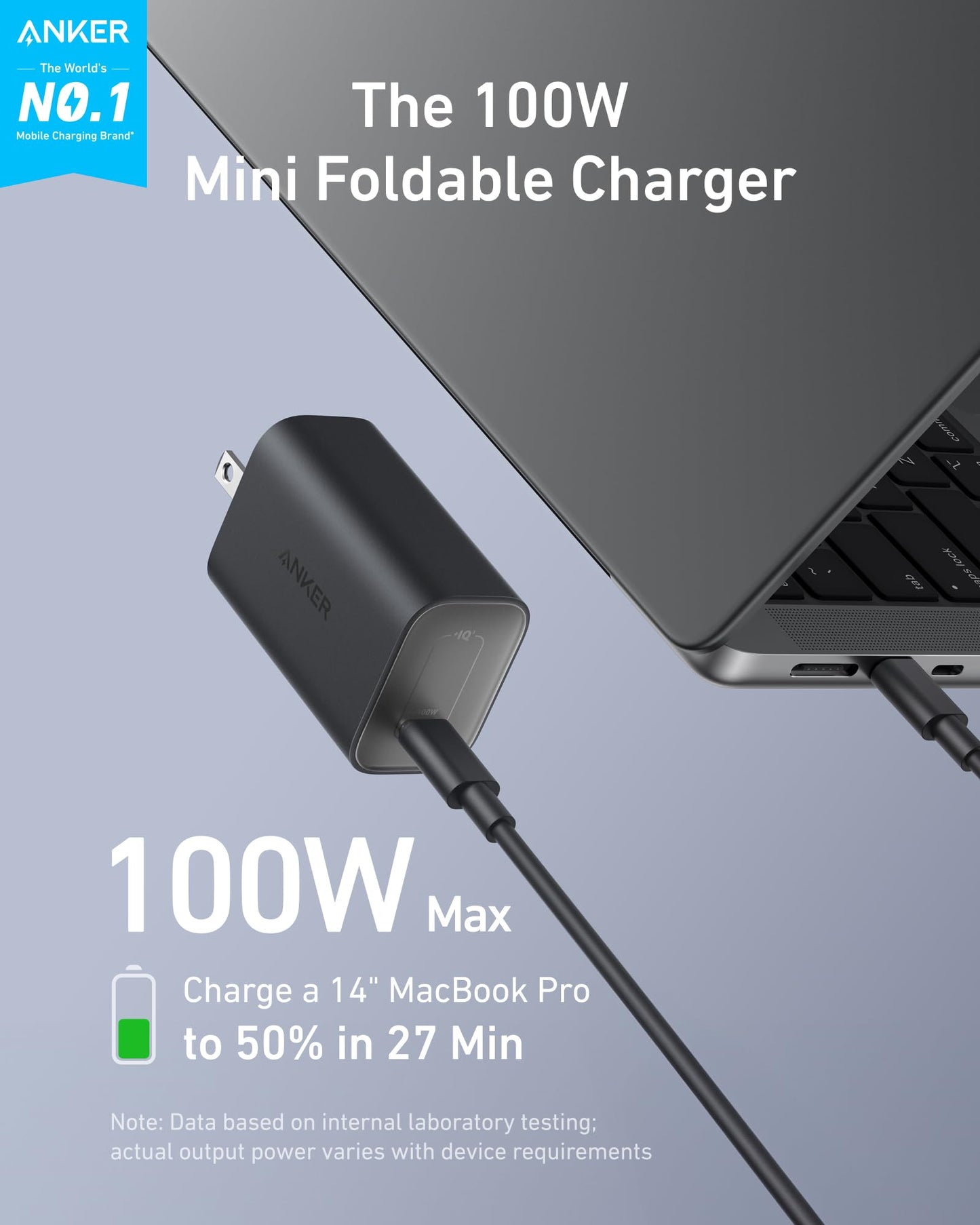 Anker Laptop Charger, 100W Foldable Type C Charger Fast Charging for MacBook, iPhone 17 Series, and All USB C Devices(6FT USB-C Cable Included