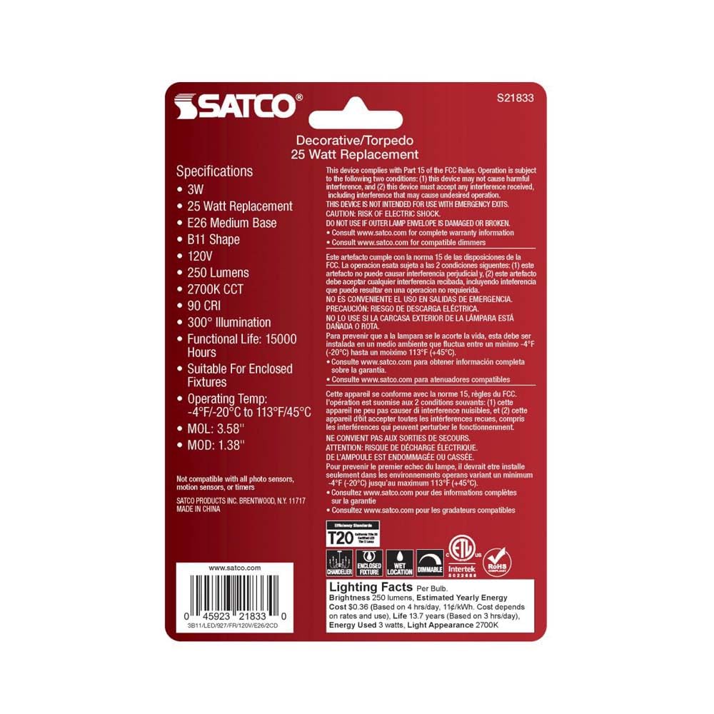 Satco S21833 3 Watt B11 LED Bulb, Frosted, Medium Base, 2700K, 250 Lumens, 120 Volt, 2-Pack