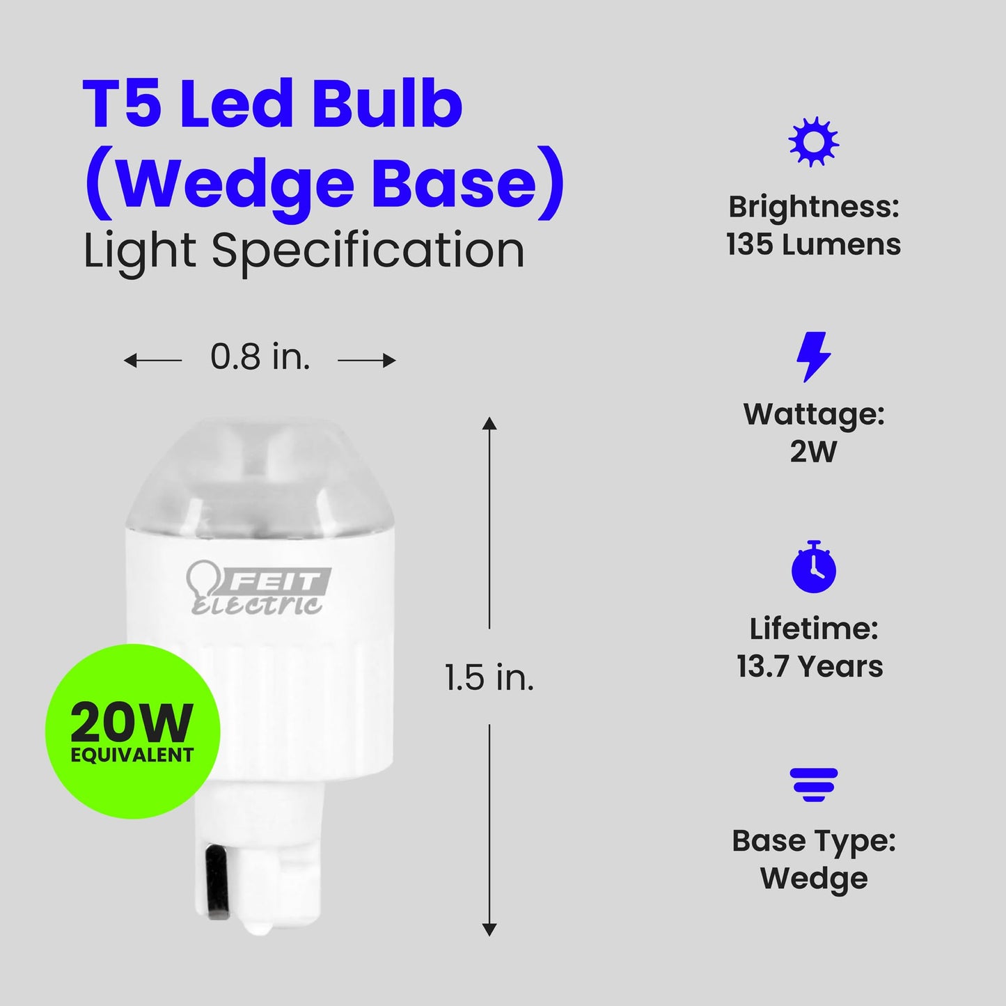 Feit Electric 2W LED Bulb with 20W Equivalent, Dimmable, Wedge Base Bulb, 12 Volts, 13 Yrs. Lifetime, 135 Lumens, 3000K Warm White, 1 Pack - LVW18/LED