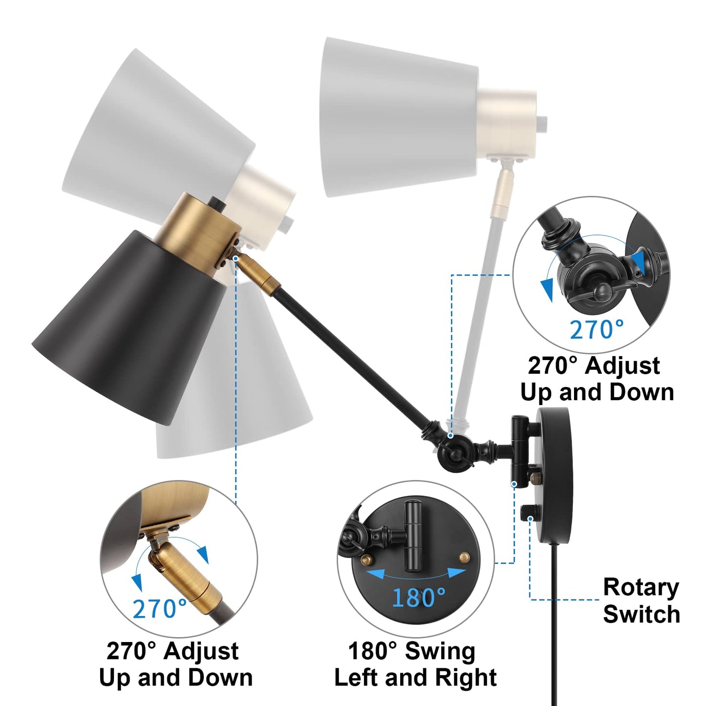 GOODATE Dimmable Wall Lamp with Plug in Cord, Plug in Wall Sconces, Swing Arm Wall Light with On Off Switch, Metal Black Brass Industrial Wall Lamp